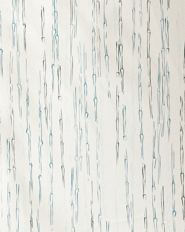 Abstract drawing named "Stilts" by GEOMETRY features unevenly spaced vertical blue and black lines with forked ends on white, evoking the textured pattern or gentle flow of a yoga towel.