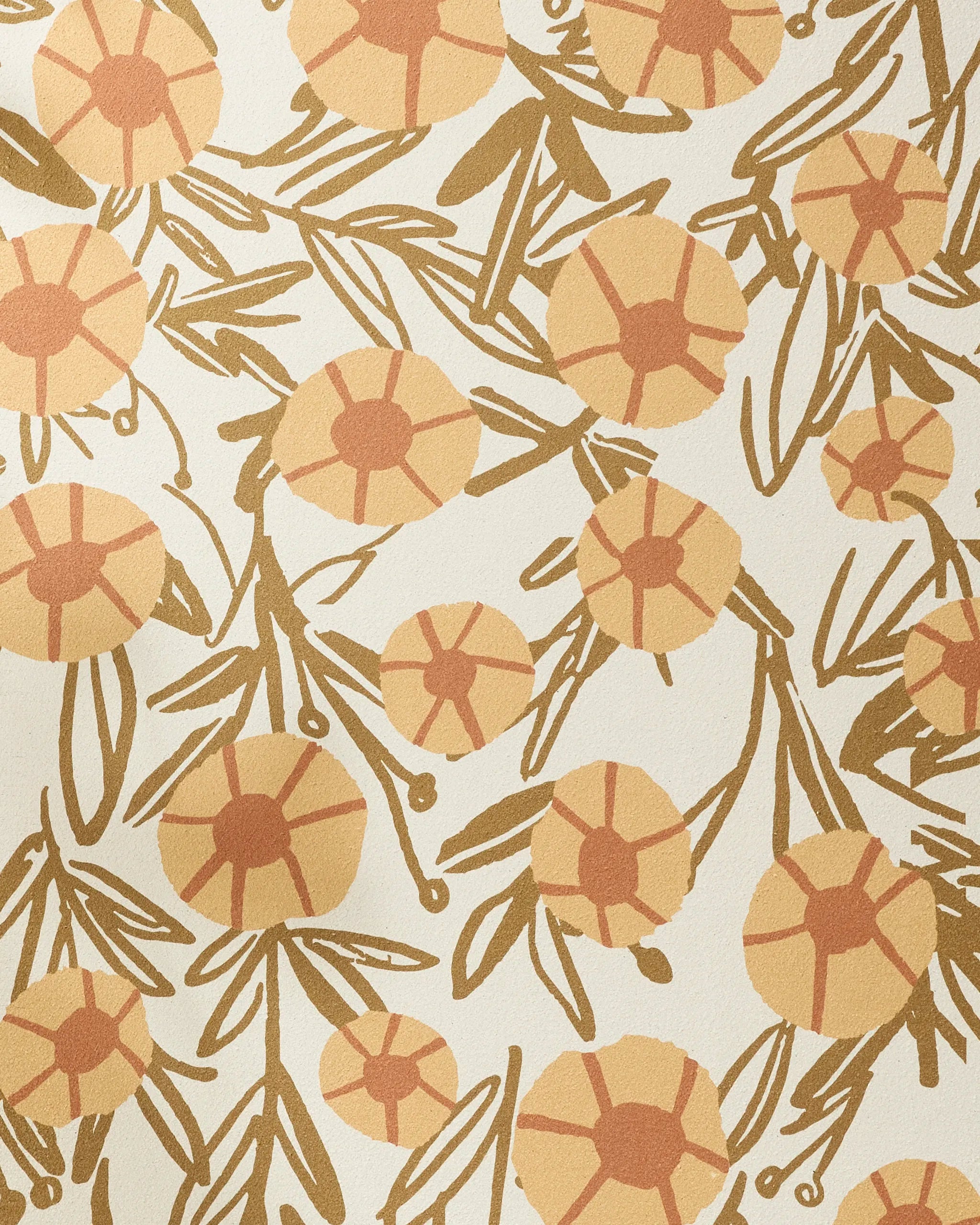 The Sunflower Fields yoga towel by Janna Sue Design features stylized orange and yellow flowers with circular centers, abstract green leaves, and a calming cream background—crafted from recycled materials.