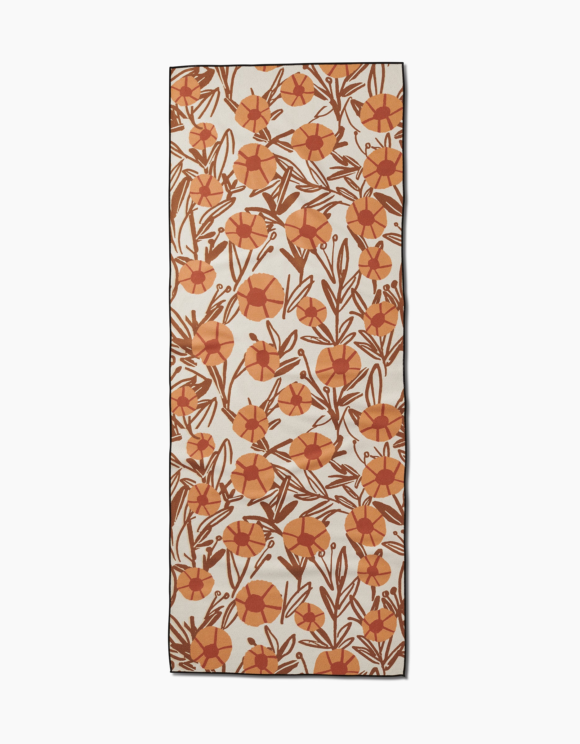 Sunflower Fields by Janna Sue Design is a rectangular scarf with a cream background, showcasing orange and brown abstract flowers and leafy branches, thoughtfully crafted from recycled materials.