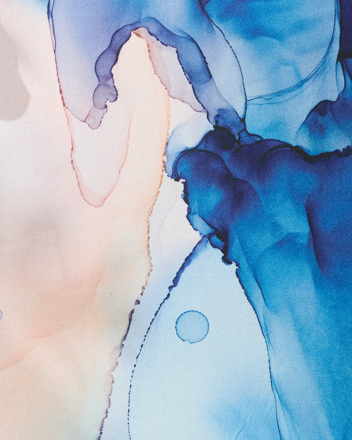 Water And Ink" by GEOMETRY is an abstract watercolor artwork with flowing blue and peach tones, organic shapes, and soft edges—evoking patterns seen on premium recycled yoga towels.