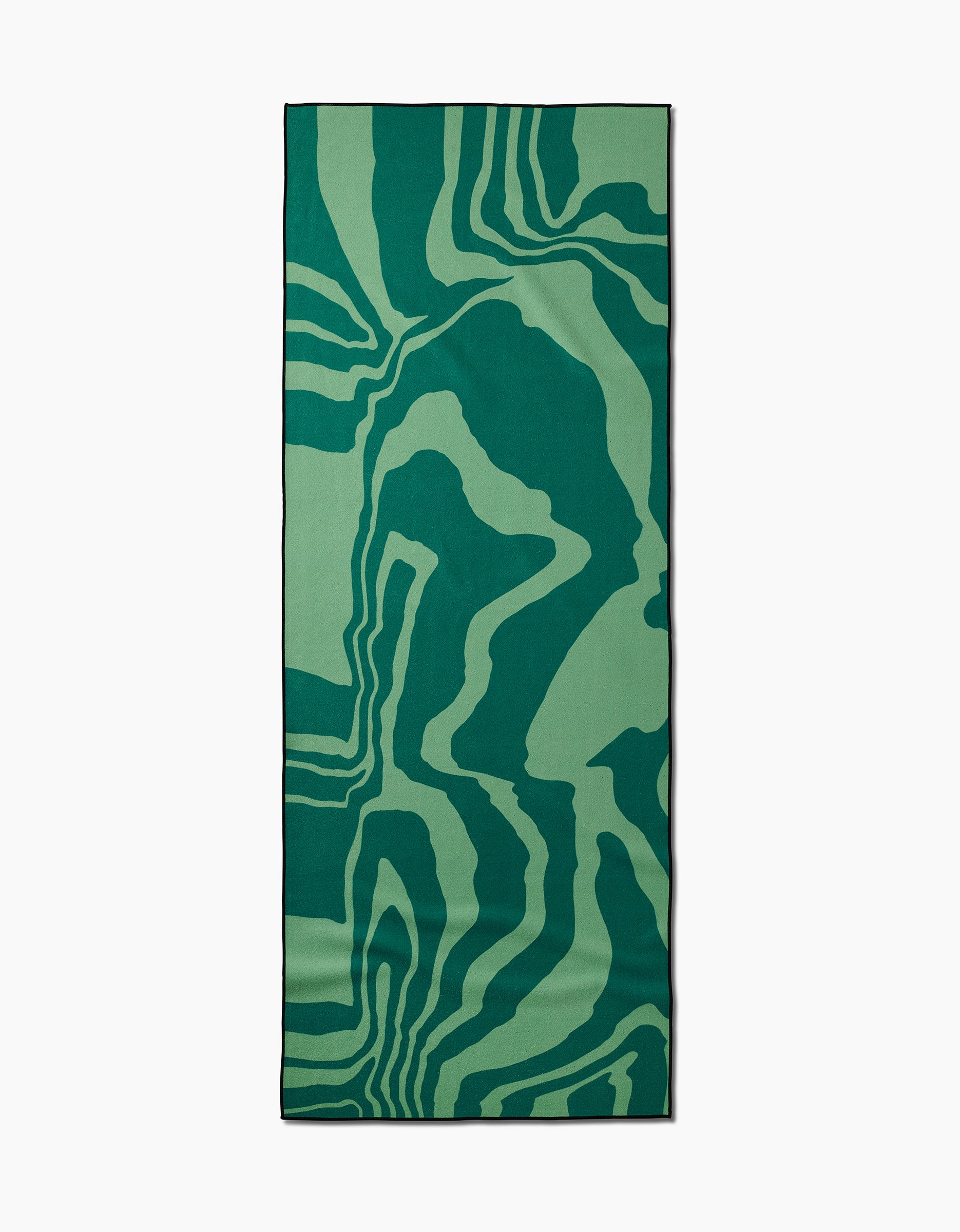 The GEOMETRY Watermelon Vibes yoga mat features an abstract, wavy green and dark green design inspired by nature, crafted from recycled materials.