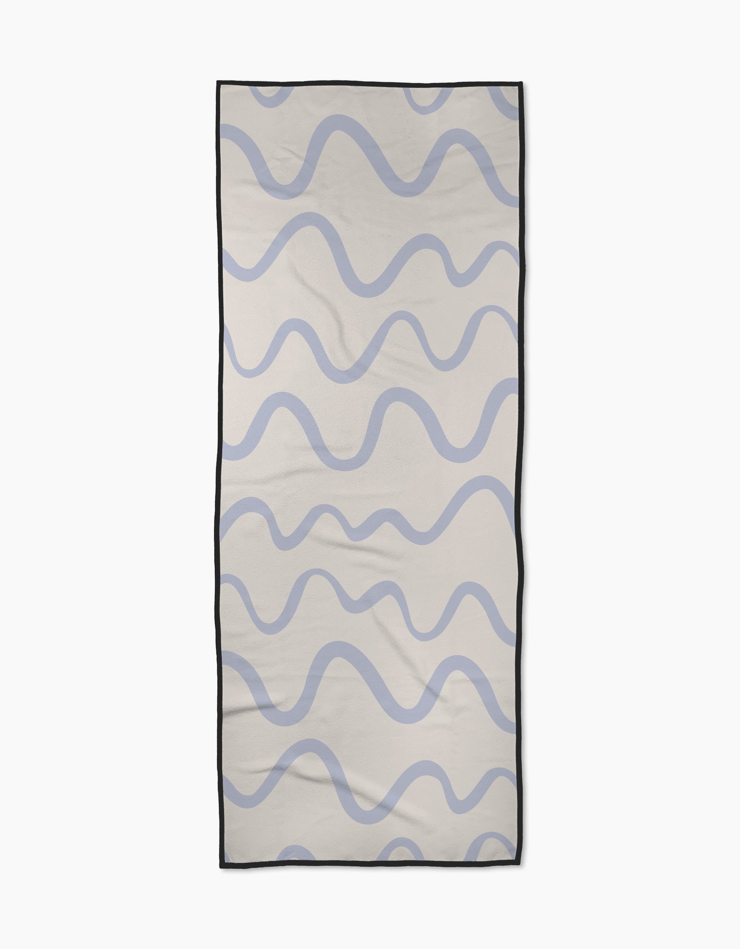 The Wavy Stripe in Blue yoga towel by Teri the Butter is a rectangular, recycled towel featuring wavy blue lines on a light beige background with a thin black border.