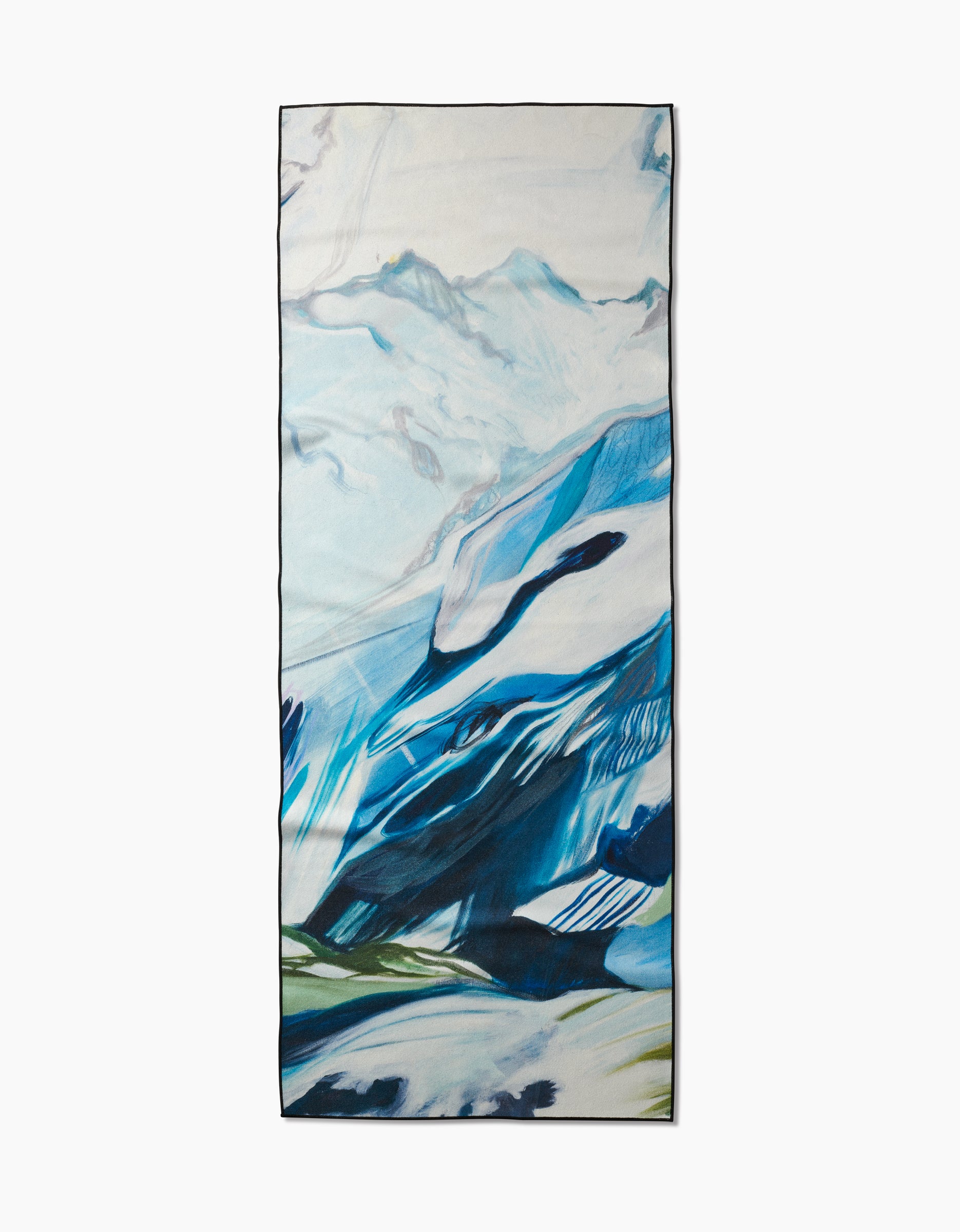 The Where He Laid To Go yoga towel by Kelly Peters showcases an abstract blue, white, and green mountain landscape design and is made from recycled materials for an eco-friendly practice.