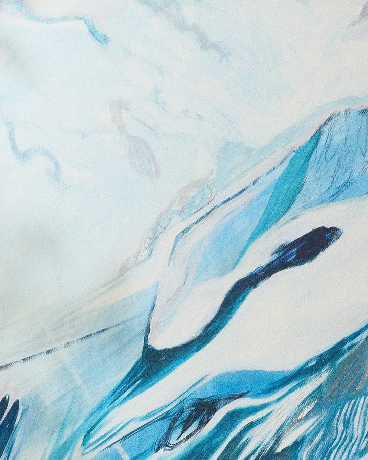 Where He Laid To Go" by Kelly Peters features flowing blue, white, and black shapes evoking icy mountains—perfect inspiration for a recycled or non-slip yoga towel that reflects a cold, wintry landscape.