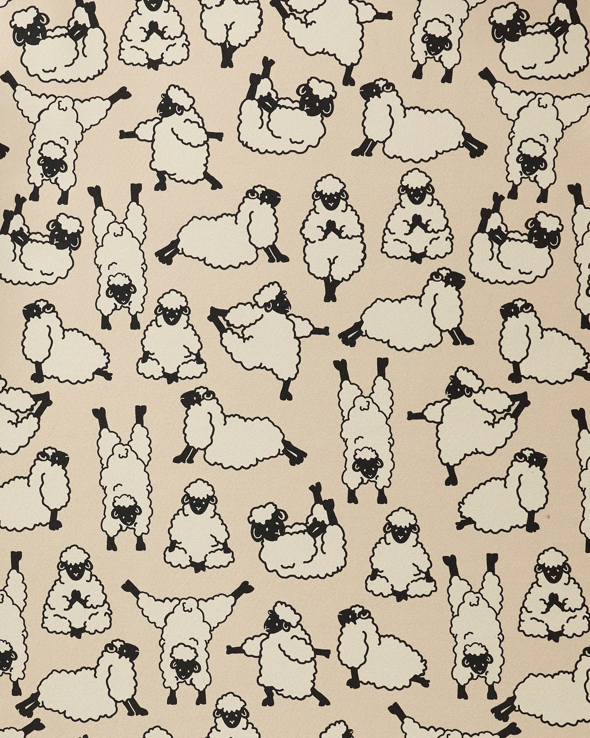Yoga Sheep by Geometry features cartoon sheep in playful poses on a beige background. With simple black outlines and a lively, whimsical pattern, it's the perfect design for a recycled yoga towel.