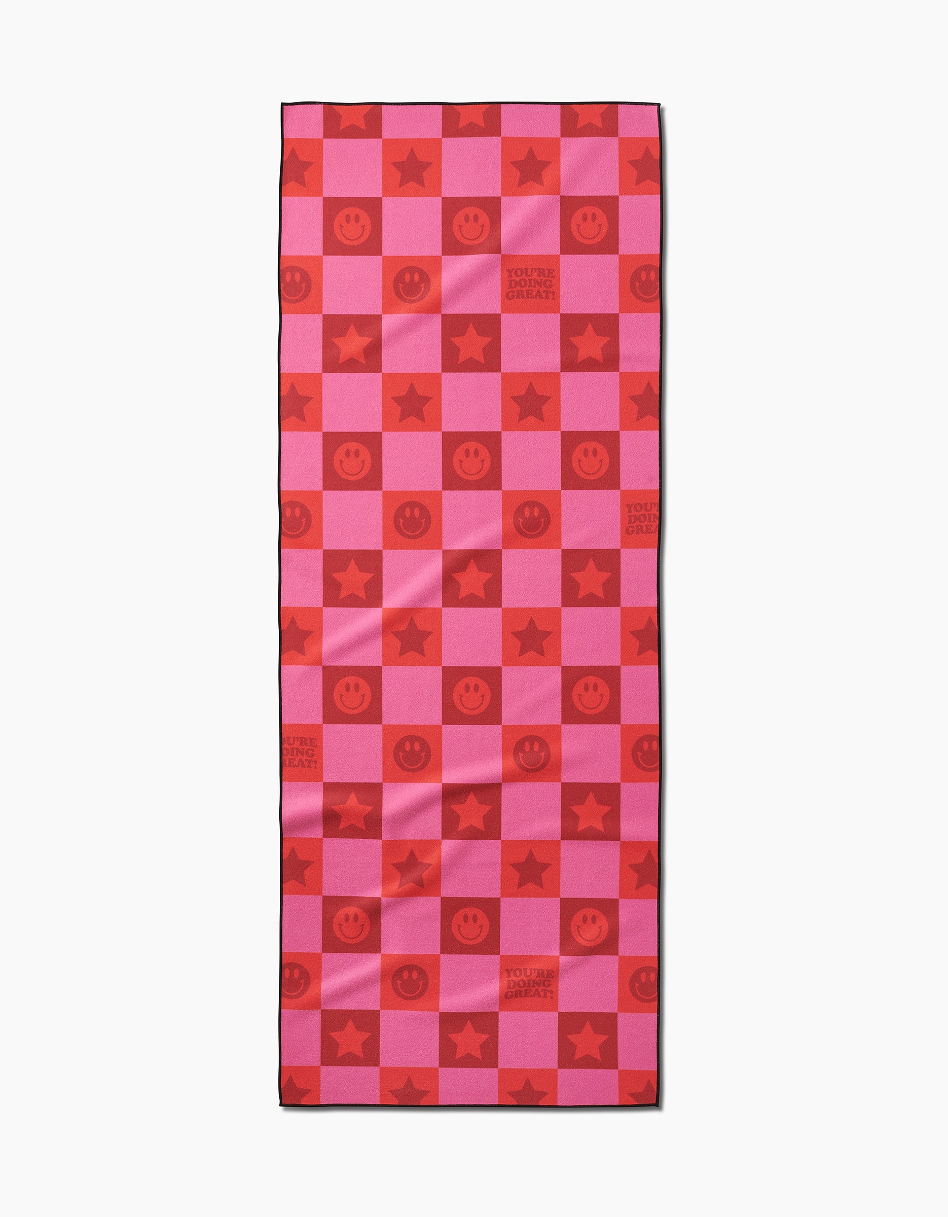 The Youre Doing Great yoga towel by Quotes by Christie features a red and pink checkerboard with smiley faces, stars, and YOU ARE LOVED ALWAYS text in the squares. Its crafted from recycled materials.