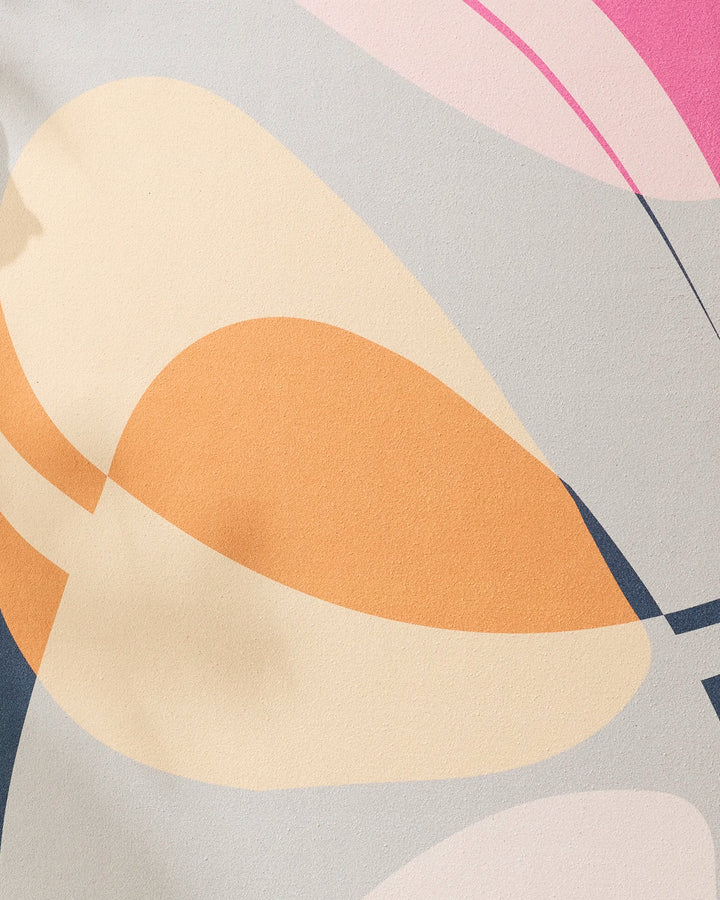 Zen Summer by GEOMETRY features overlapping curved shapes in peach, orange, beige, pink, and gray on a light background—creating a modern look that's perfect inspiration for a recycled or silicone grip yoga towel.