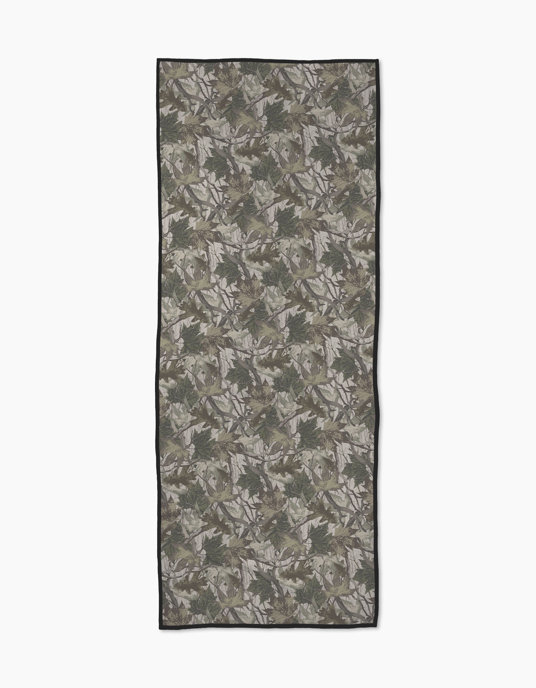 The Geometry Dad Camo yoga towel features a green and brown camouflage pattern with a thin black border, laid flat on a white background. Made from recycled materials, it blends style and sustainability for your yoga practice.