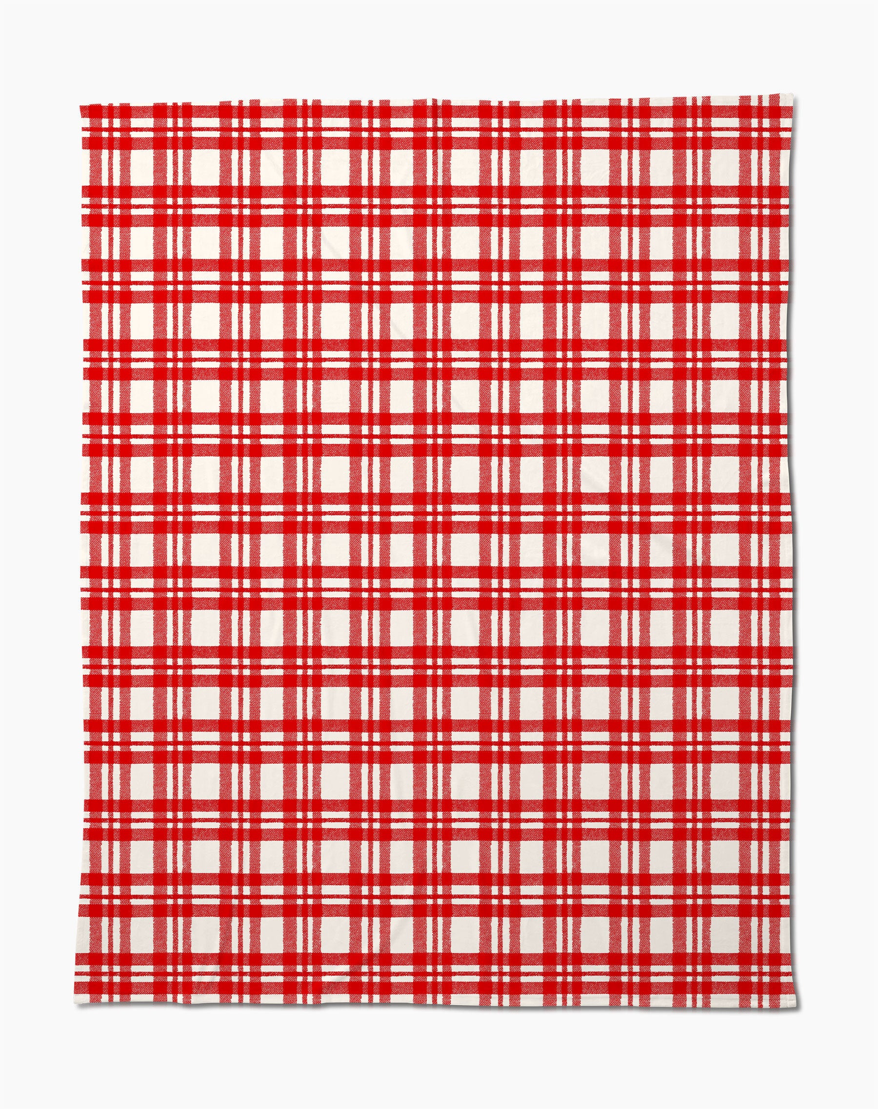 The Geometry Tartan Blanket features a red and white plaid design with red lines on a white background, making it a soft, cozy travel companion for comfort on the go.
