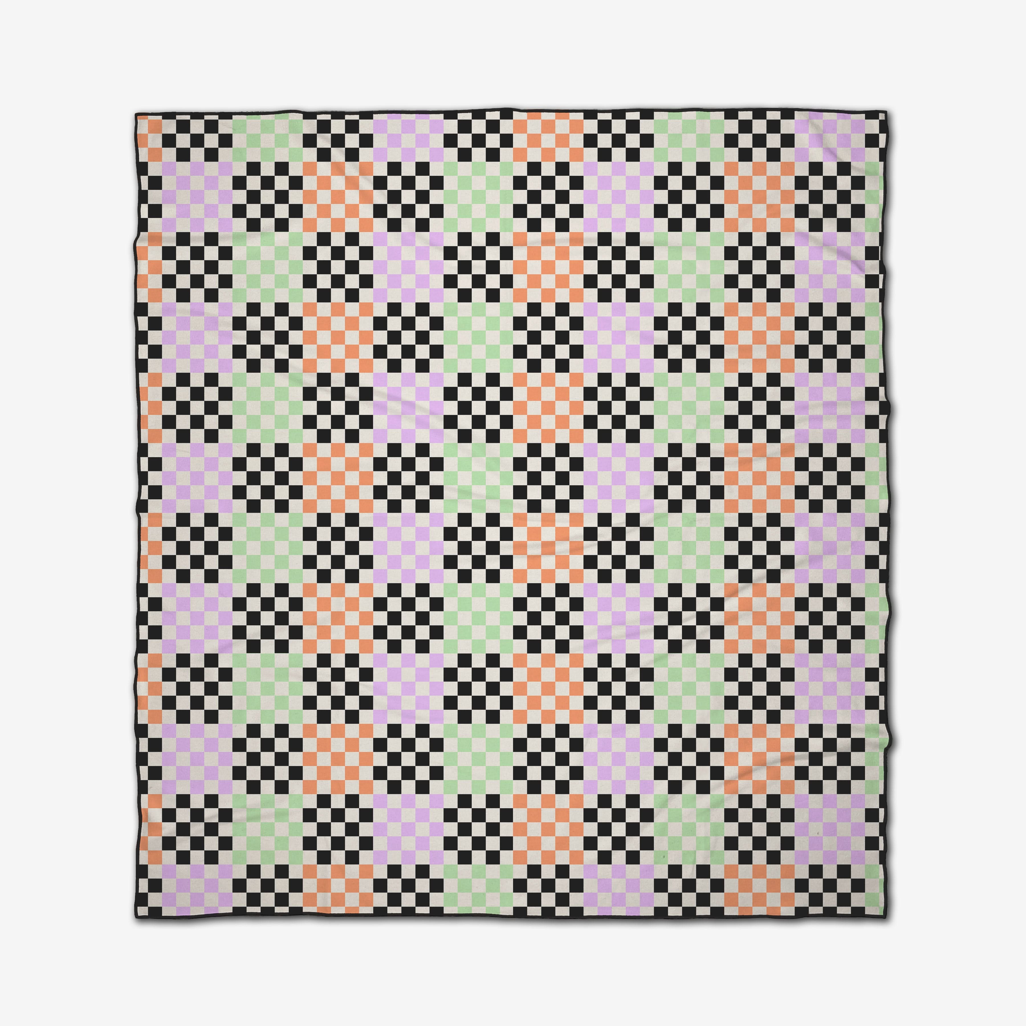 The Hit Block quilt by GEOMETRY features a checkerboard pattern with pastel green, lavender, and orange blocks on recycled materials for an eco-friendly touch.