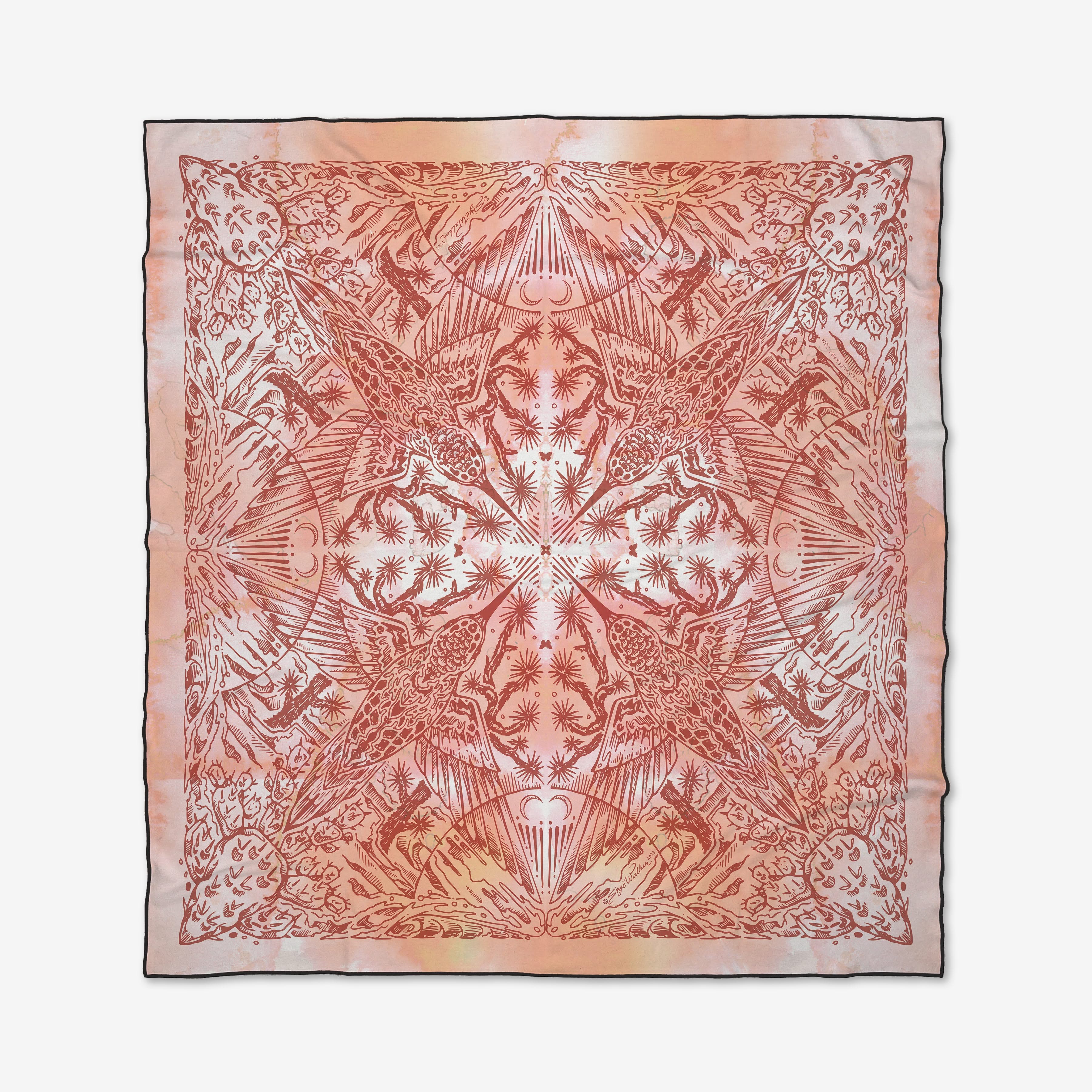 The Skye Walker Hummingbird is a square silk scarf with birds, plants, and sunburst motifs in red and pink on white, featuring a detailed geometric pattern and thin border inspired by micro-loop beach blanket designs.