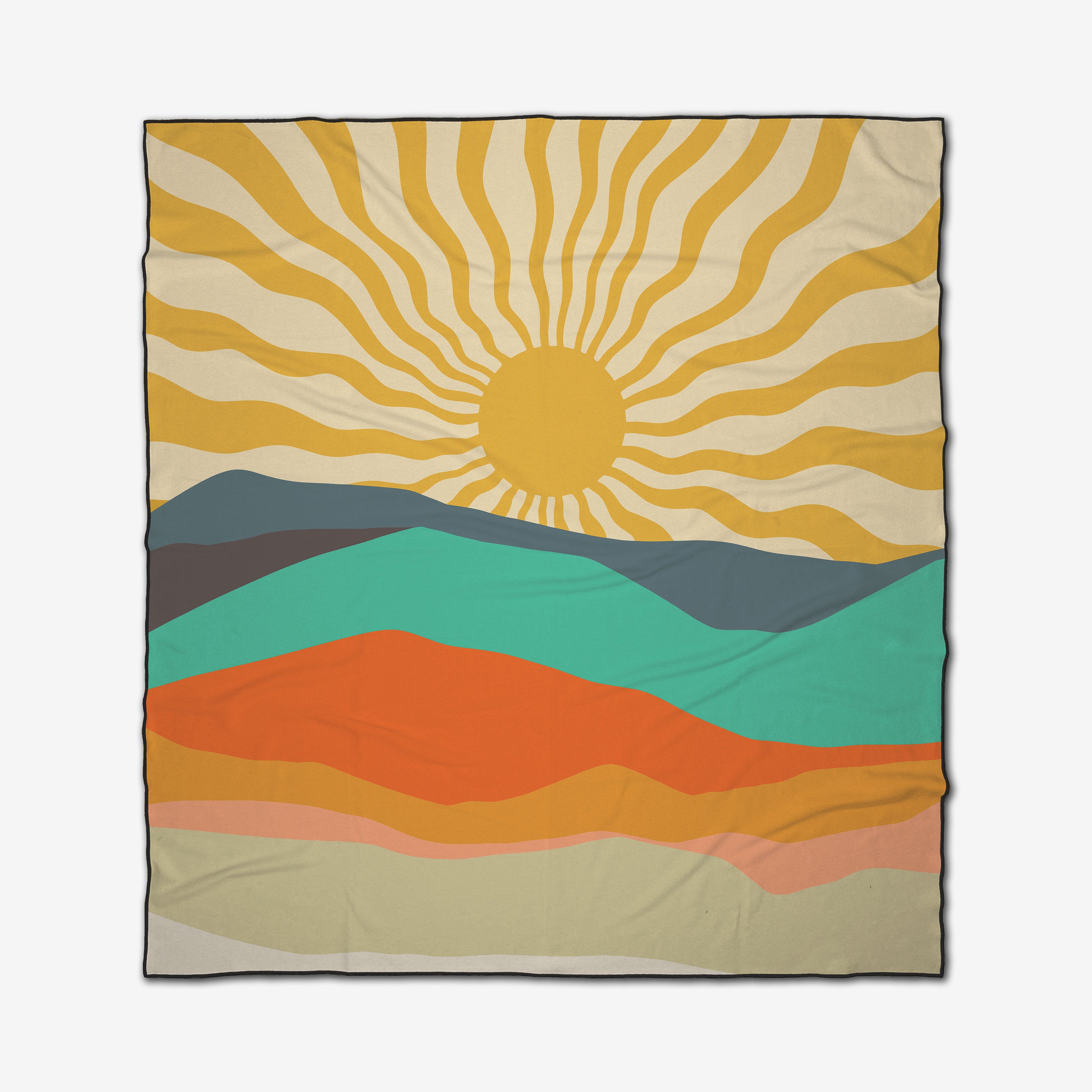 The Over The Hill Micro-loop Beach Blanket by GEOMETRY features a stylized landscape with wavy sun rays over layered mountains in yellow, teal, blue, orange, and pink on a cream background. Made from quick-drying recycled materials.