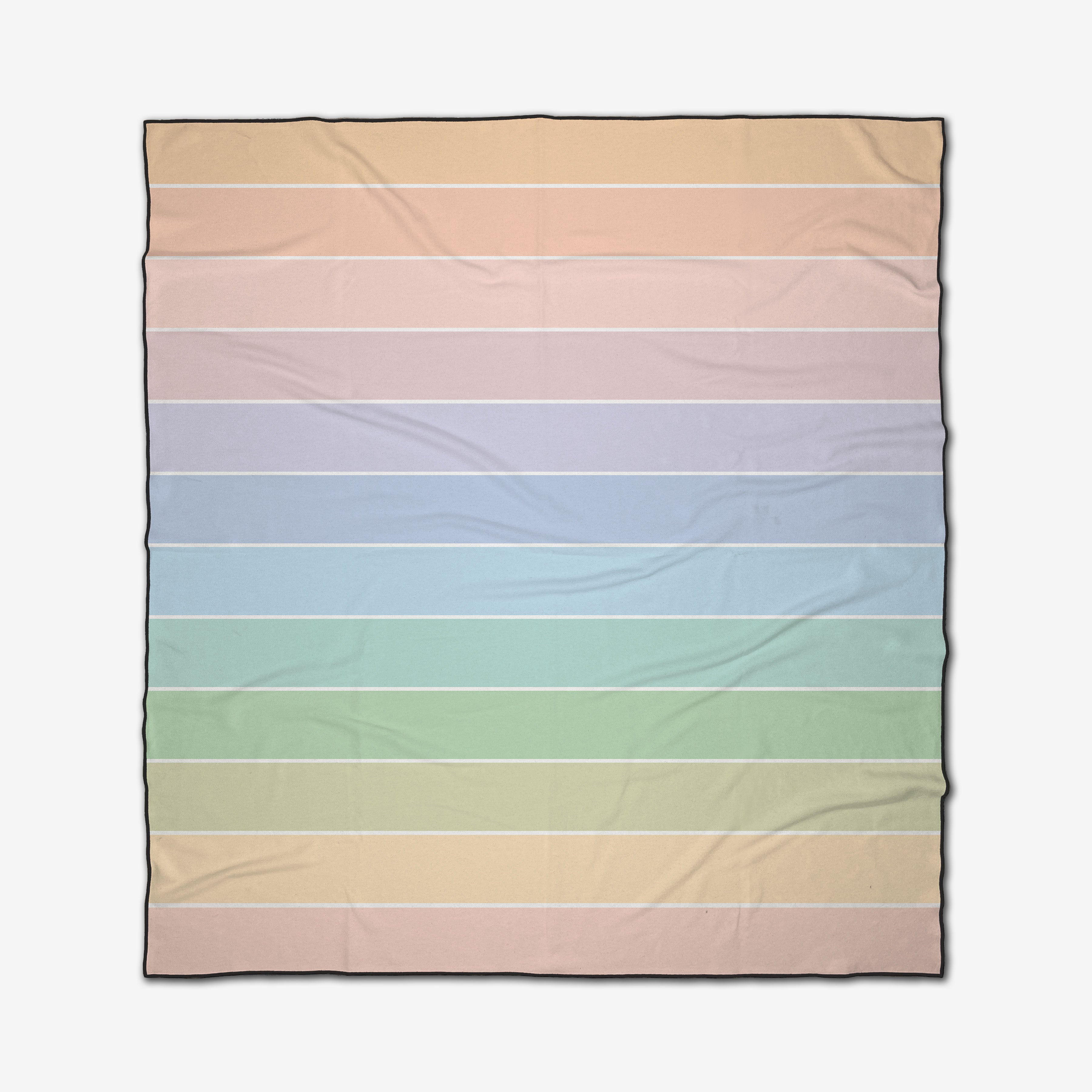 The GEOMETRY Smarties is a square beach blanket featuring horizontal pastel stripes in peach, pink, lavender, blue, green, and mint with thin white lines between each. The quick-drying fabric also shows faint creases.