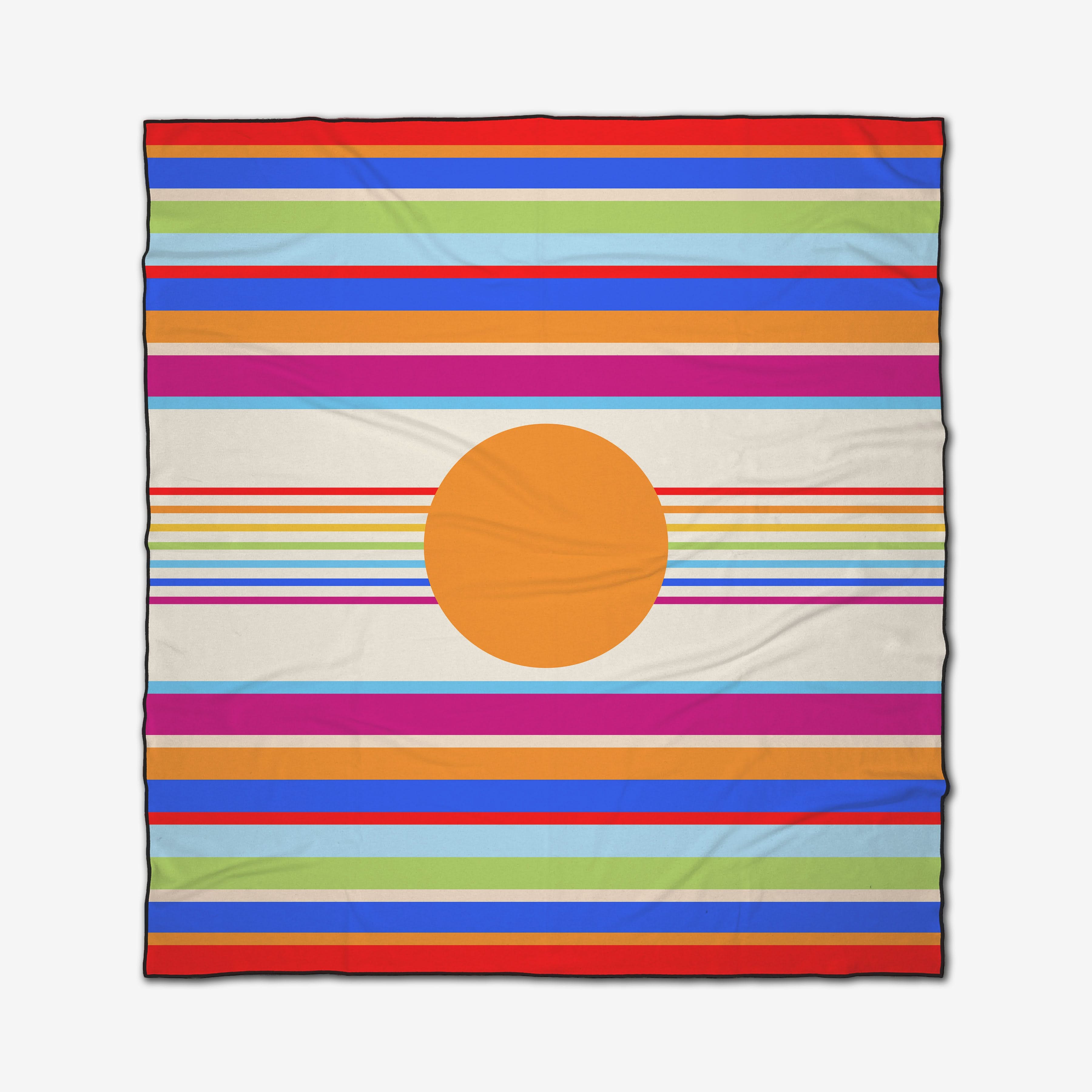 The Sun And Stripes beach blanket by GEOMETRY features colorful horizontal stripes in orange, pink, blue, green, and purple over a white background with a large orange center circle and thin red-bordered edges. Quick-drying design.