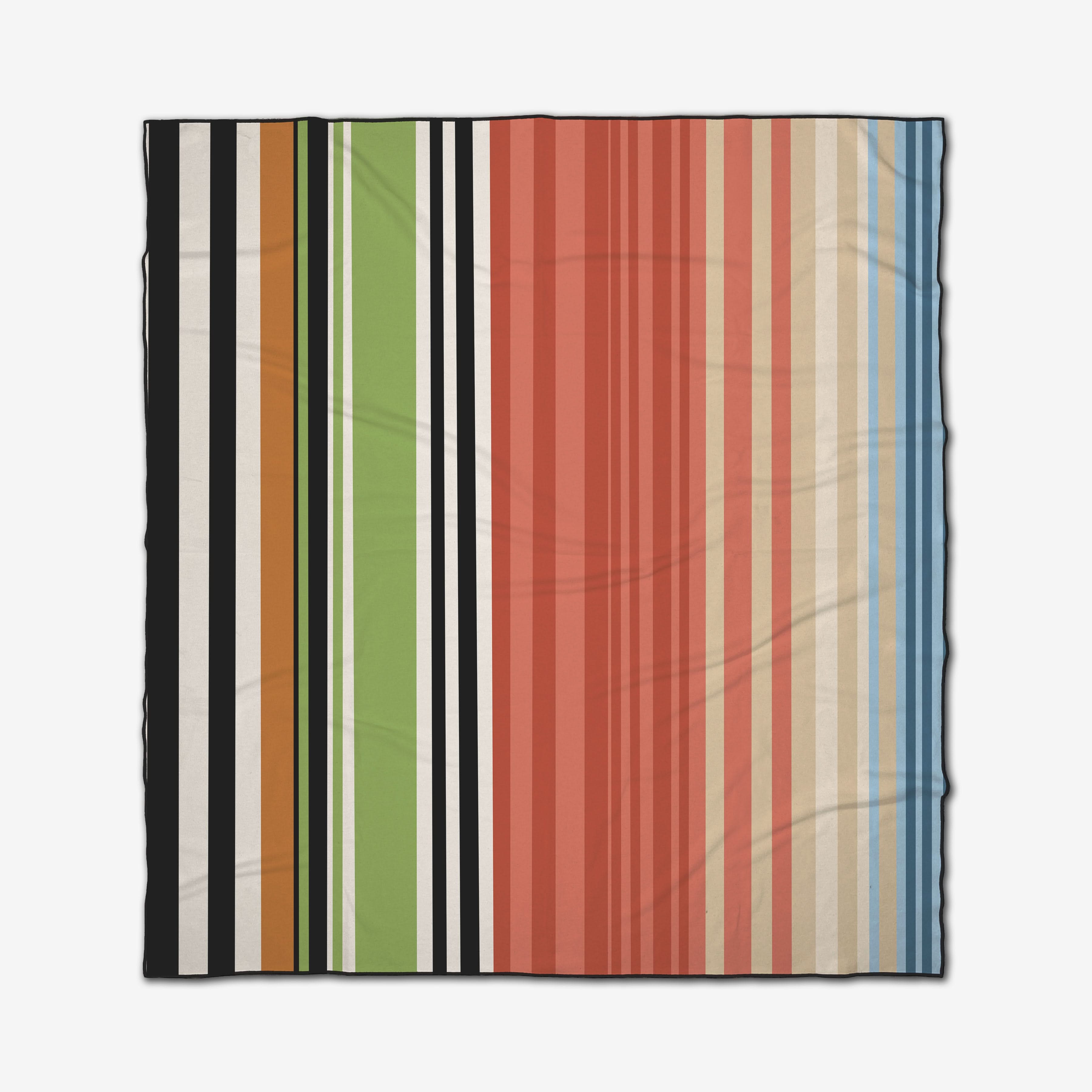 The GEOMETRY Sunday Stripes beach blanket features a quick-drying, wrinkle-textured surface with vertical black, tan, green, orange, red, cream, and blue stripes on white. Made from recycled materials for a relaxed look.