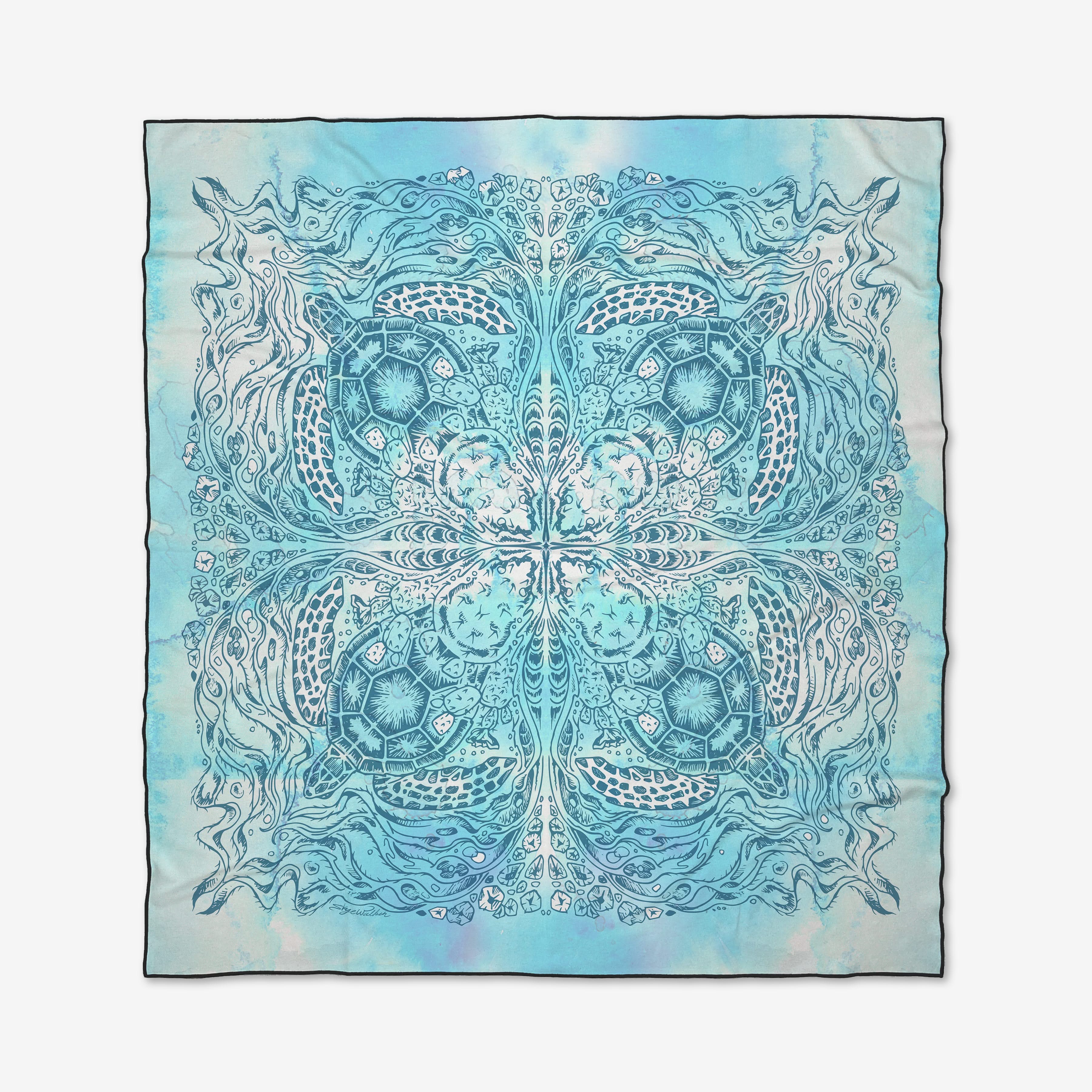 The Turtle square scarf by Skye Walker is made from recycled materials and features an intricate blue and turquoise mandala-inspired pattern with swirling lines, floral motifs, and abstract designs on a light background.