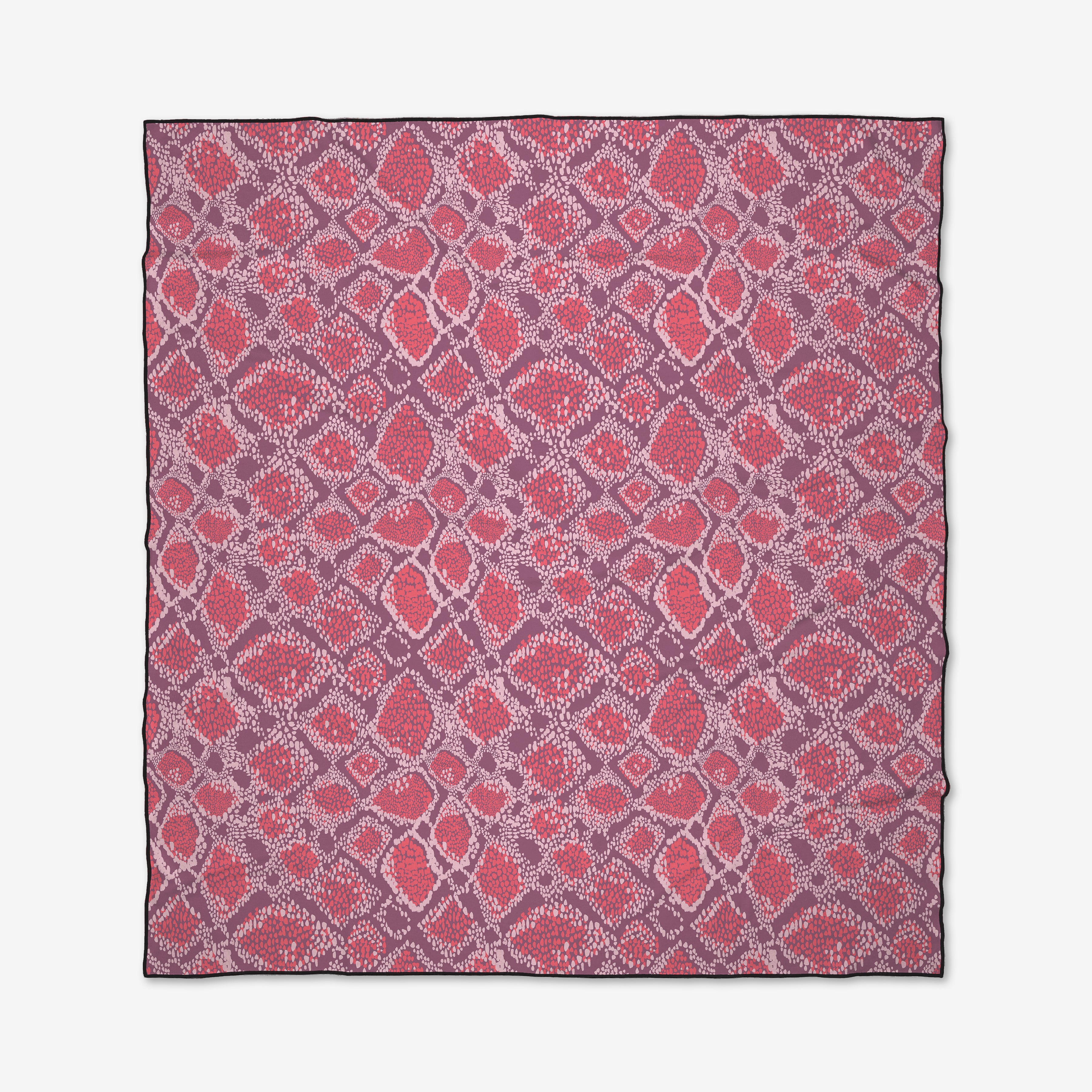 The Elisabeth Wing Vibrant Venom Micro-loop Beach Blanket is square, quick-drying, and made from recycled materials. It features a geometric pattern of red, pink, and purple diamonds and ovals on white with black edges.