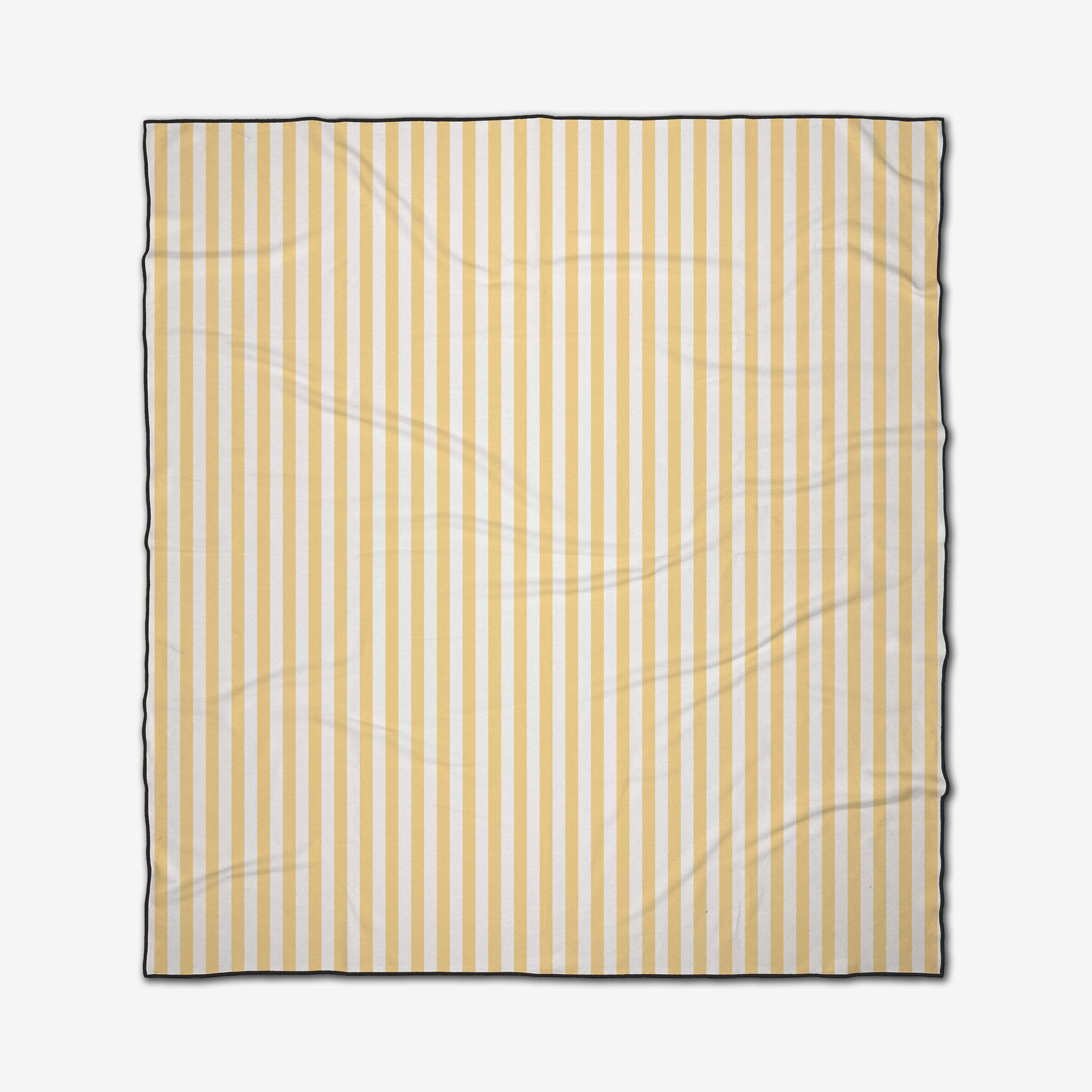 The GEOMETRY Yellow Stripes beach blanket is square, quick-drying, and features vertical yellow and white stripes with a thin dark border—its simple, symmetrical design is perfect for the beach.