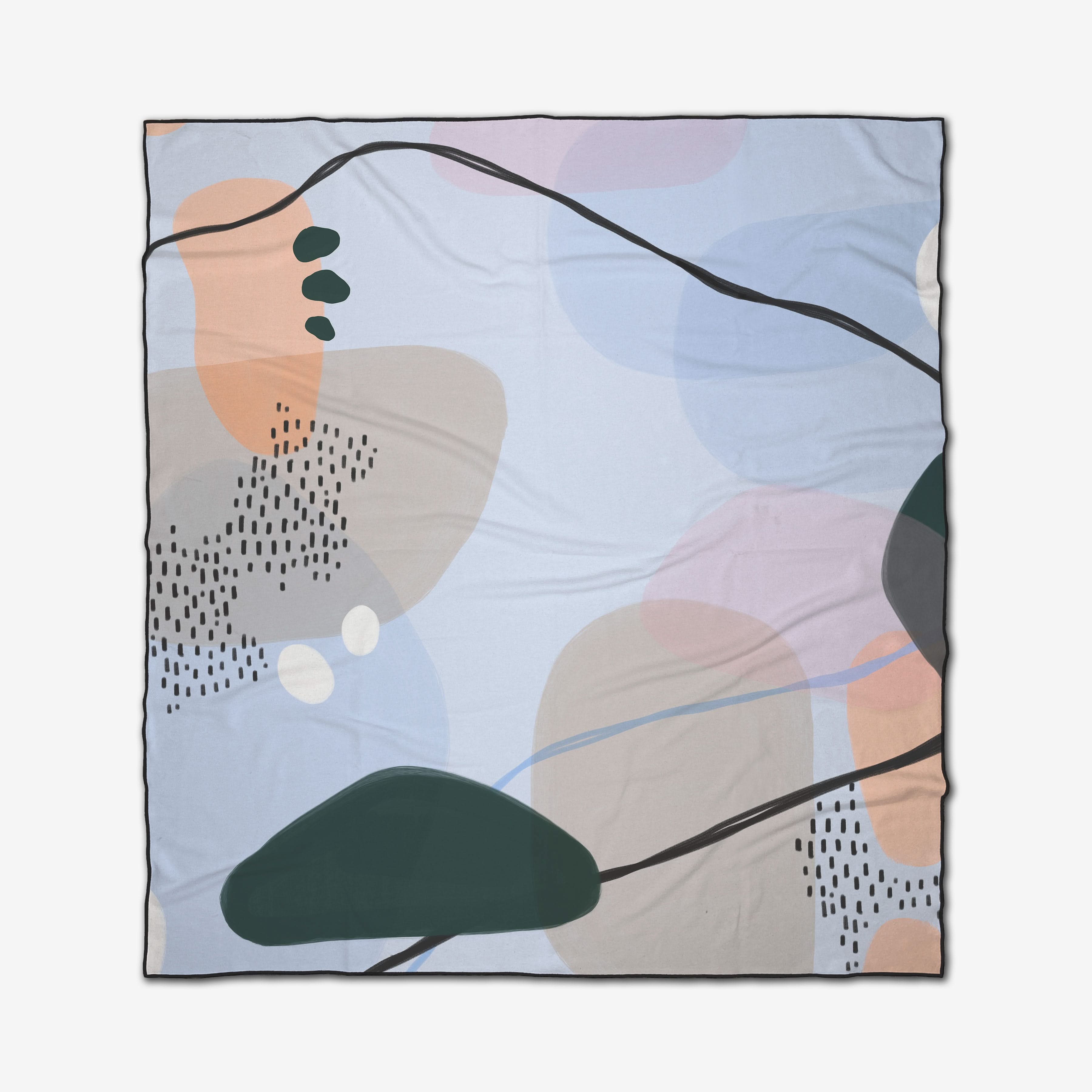 The GEOMETRY Abstract beach blanket features a quick-drying fabric and an eye-catching design with soft blue, beige, peach, and green organic shapes, accented by curved black lines and clusters of small dots.