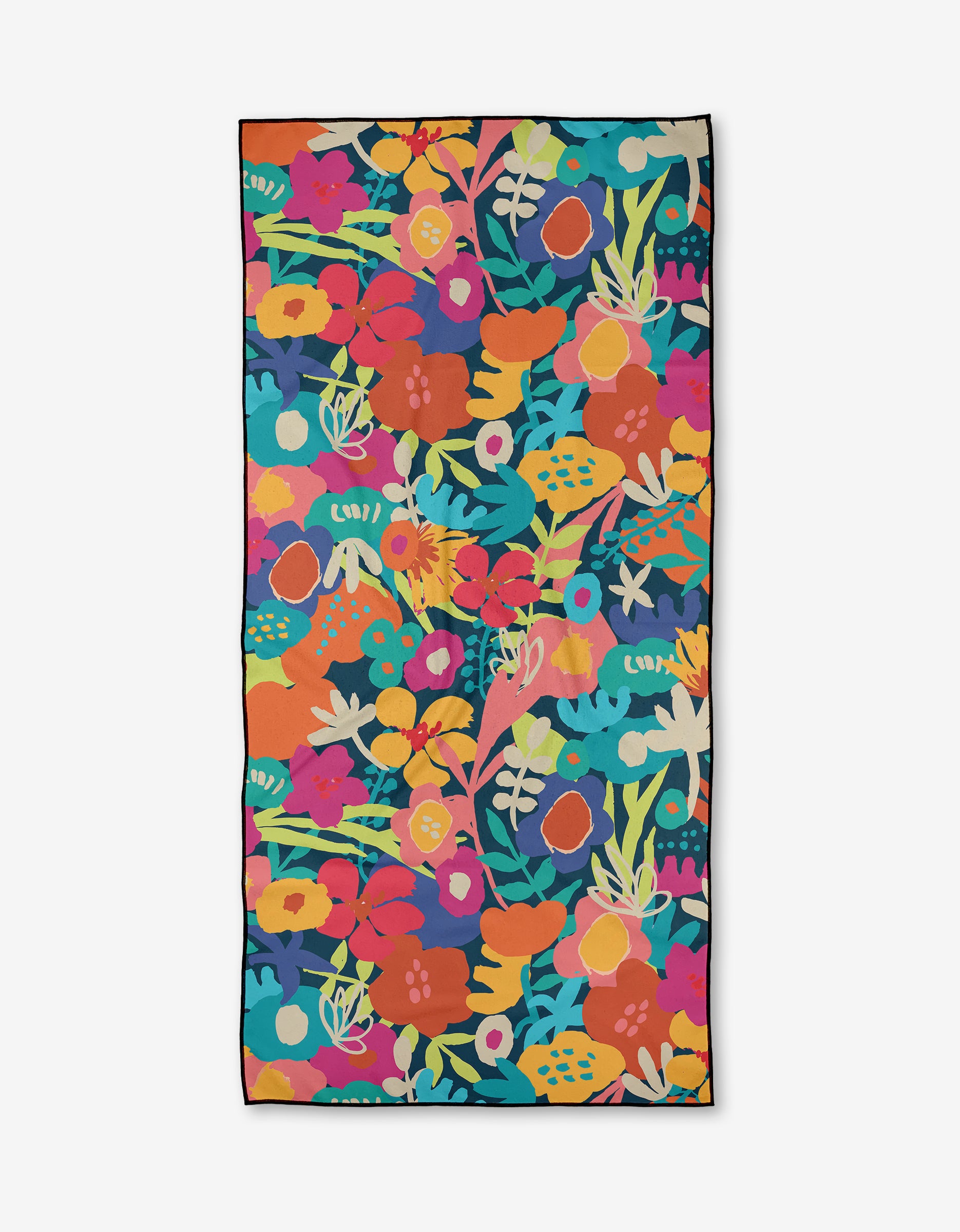The Bright Bunch rectangular Micro-loop Beach Towel by Sareka Unique features a vibrant, abstract floral pattern with colorful flowers and leaves on a dark background. Made from quick-drying recycled materials.