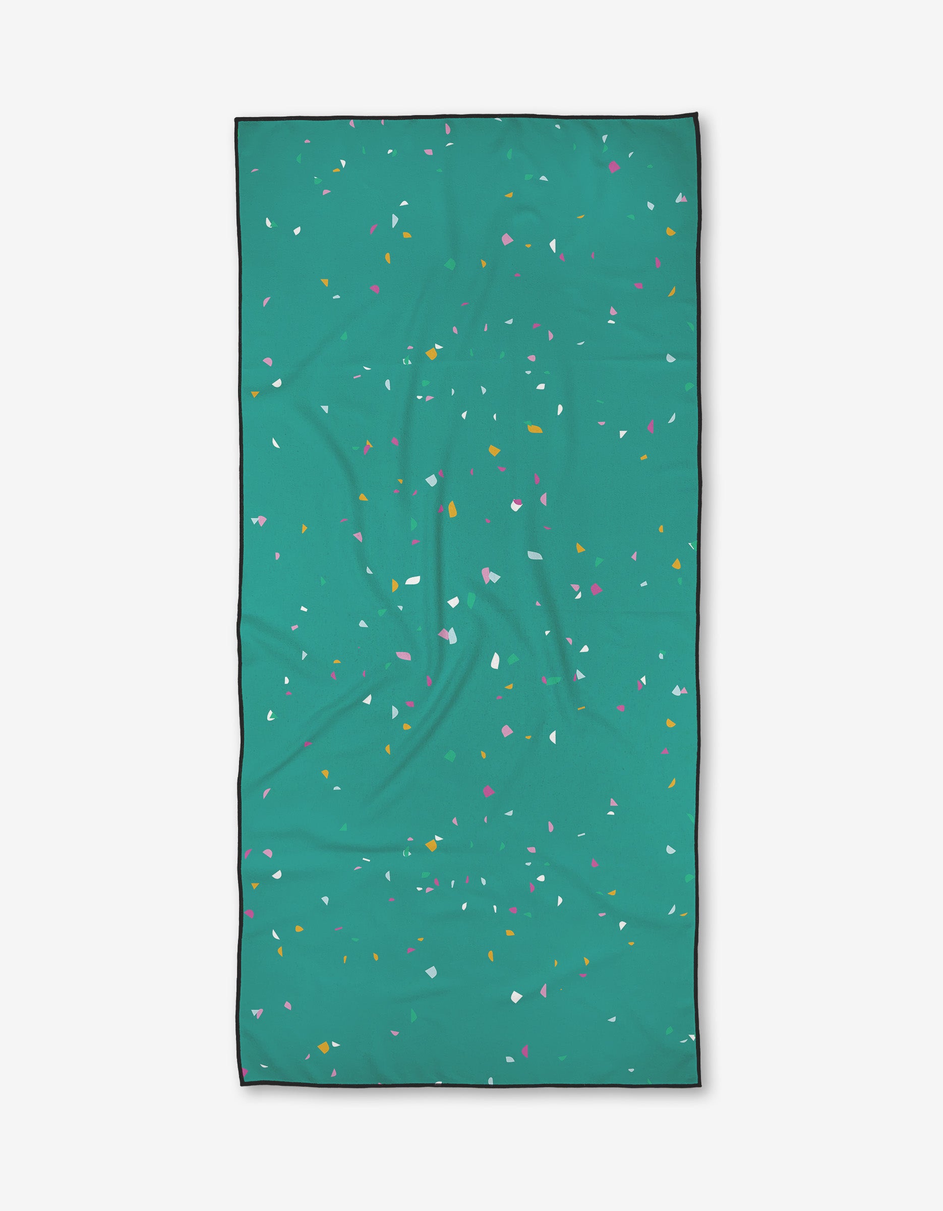 The Bailey Peyton Bubbly beach towel is rectangular, teal, and features a black border with colorful pink, yellow, white, and orange specks. Made from recycled materials and shown flat on a light background.