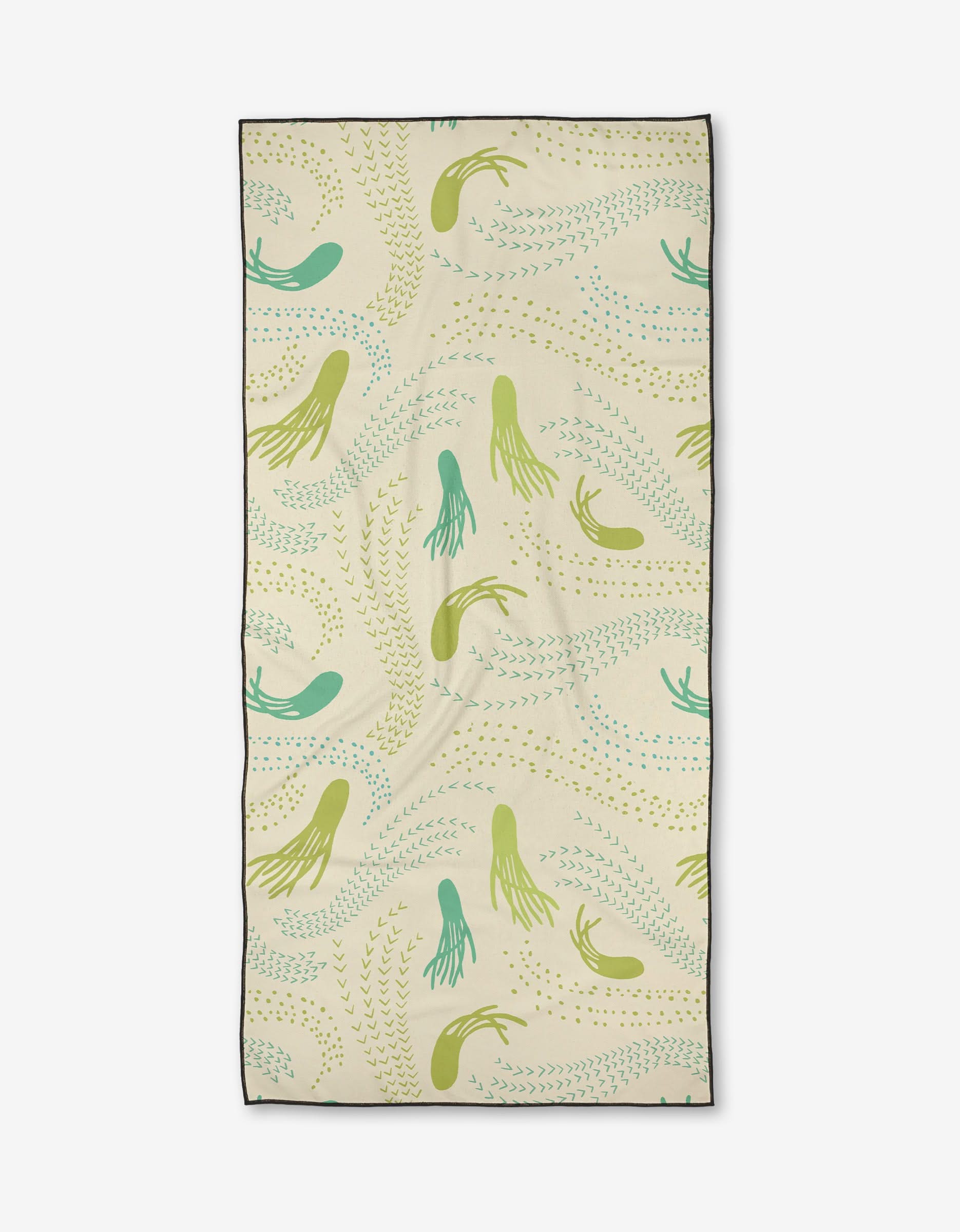 The Calamar beach towel by Jessica Swift features a light cream base with abstract green, teal, and yellow jellyfish and wavy dotted lines. Made from recycled materials, this rectangular micro-loop towel offers quick-drying convenience.