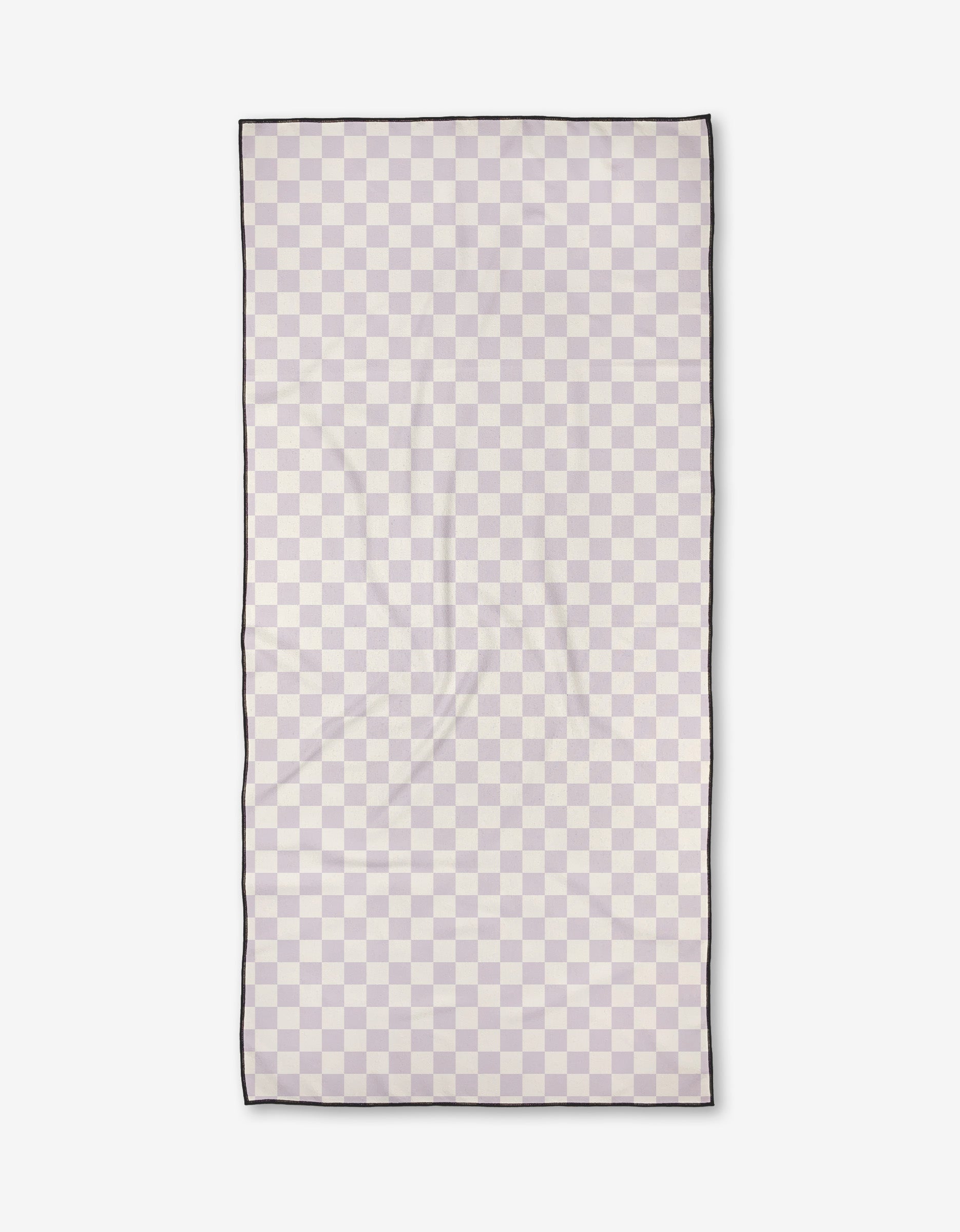 The Check Please Beach Towel by Kelsi Fullmer features a rectangular geometric checkerboard in light beige and pale gray, thin black edging, and is made of quick-drying, recycled materials. Shown flat on a white background.