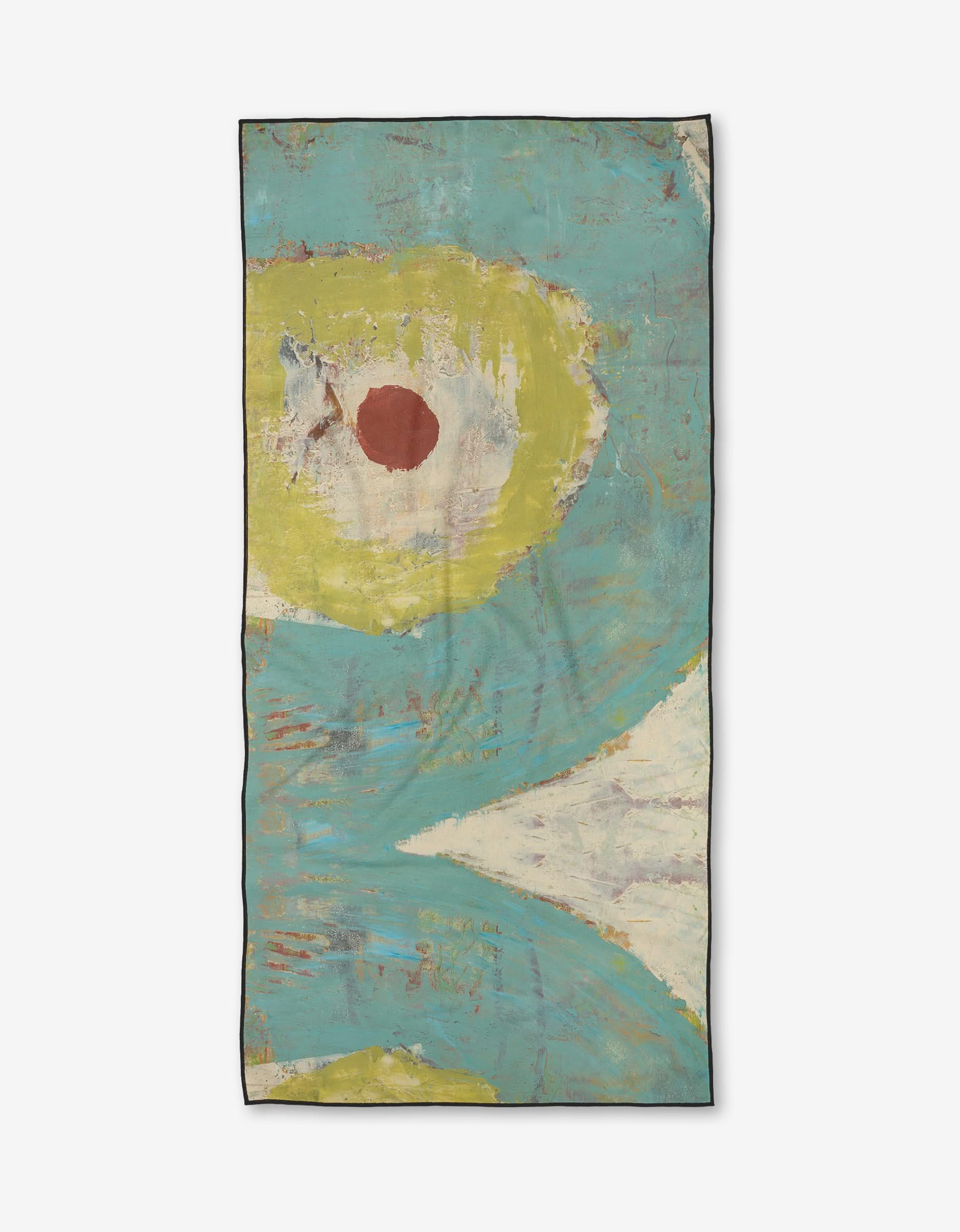 The Circle Squared beach towel by Katherine Berkeley features an abstract yellow and green circle with a red center on a teal background, accented in white and beige. Made from quick-drying, recycled materials.