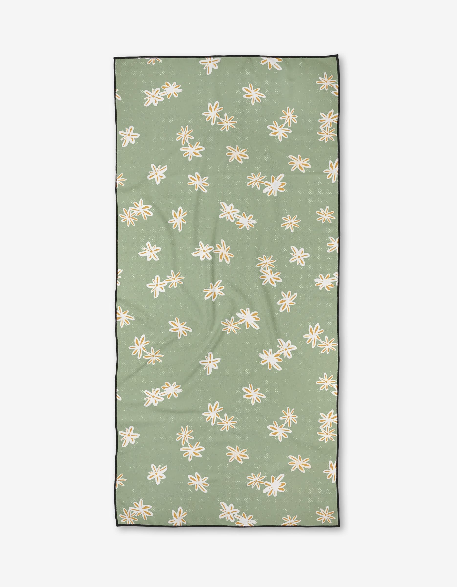 The Ashley Celena Citrus Blossoms beach towel is rectangular, green, made from recycled materials, and features a repeating white and yellow floral pattern with a thin black border, shown laid flat on a white background.