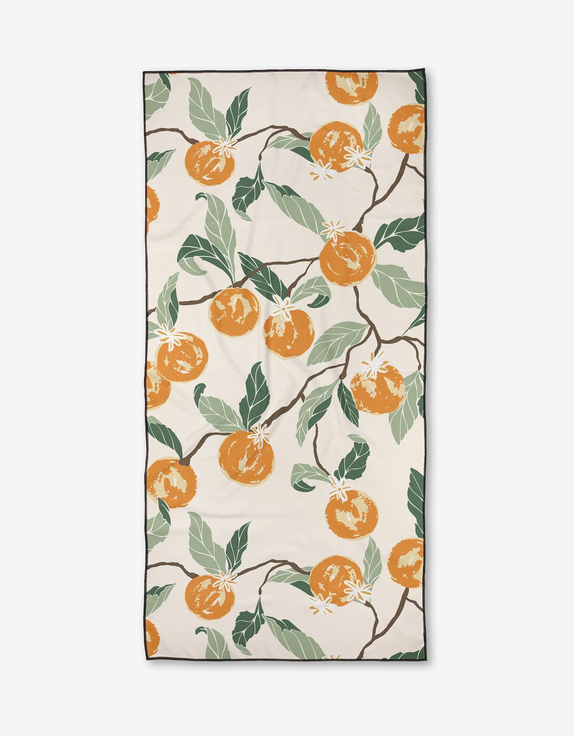 The Citrus Dreams beach towel by Ashley Celena features orange apricots, green leaves, and white flowers on branches against a cream background with a black border. Made from quick-drying recycled materials.