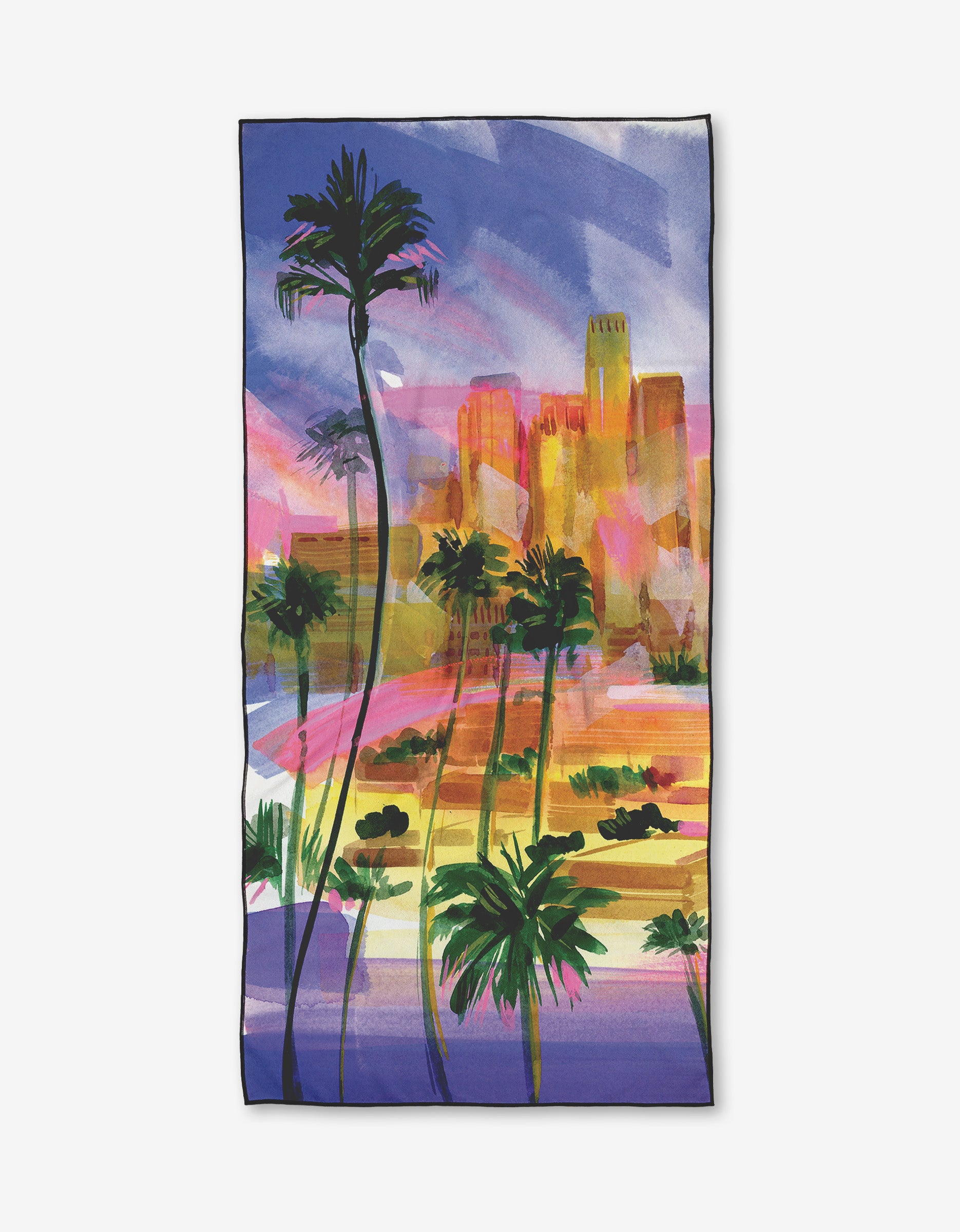 Bright sunset hues and tall palms frame the City of Dreams skyline—this vibrant, eco-friendly beach towel by Travel Write Draw by Meagan Morrison is quick-drying and made from recycled materials.