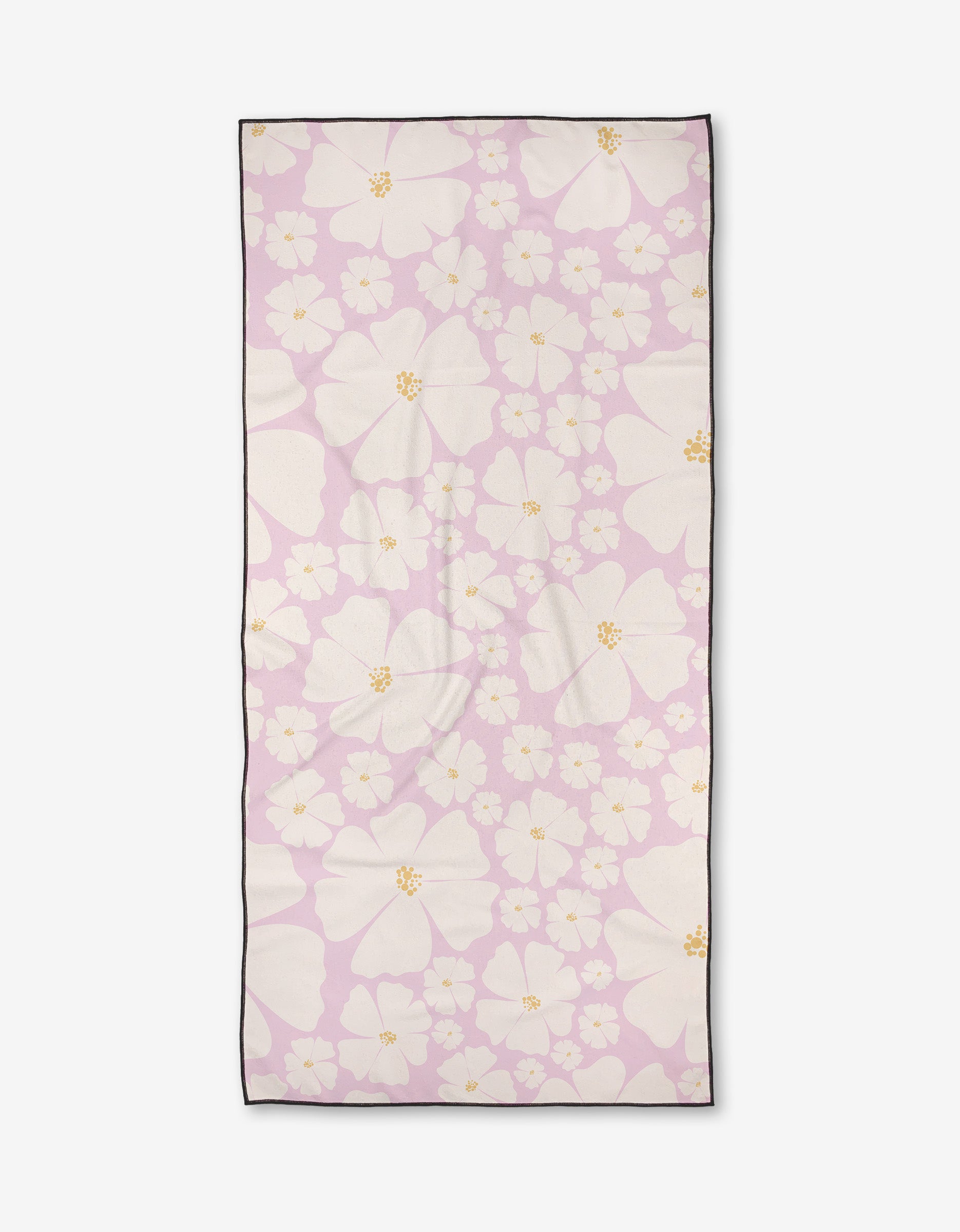 The Daisy Girl Pink towel by Charlie Rowan Designs is a rectangular, ultra-absorbent towel in light pink with white and pale yellow flowers, finished with a dark border.