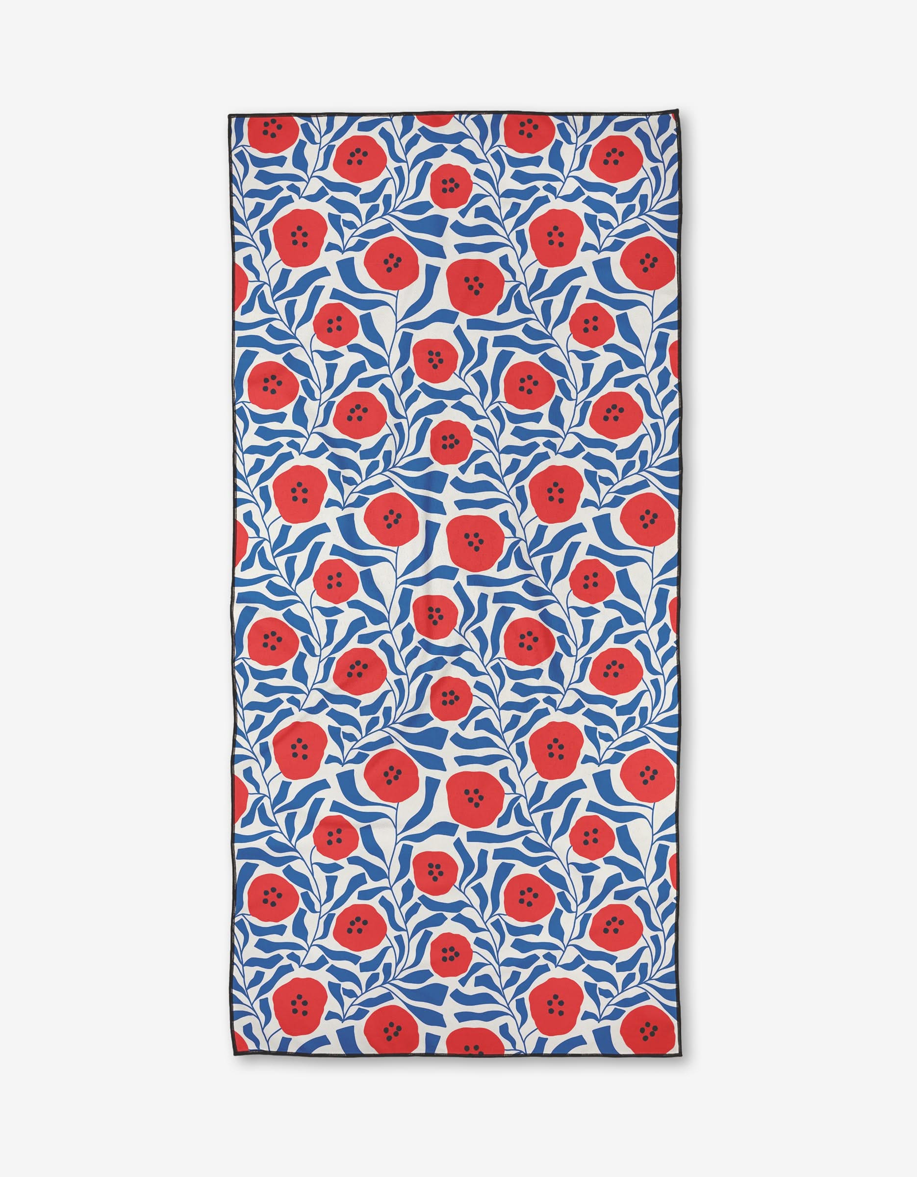 The Happy Hemera Dancing Poppies Micro-loop Beach Towel features a quick-drying, full-coverage floral design of red poppies with dark centers and blue leaves on a white background.