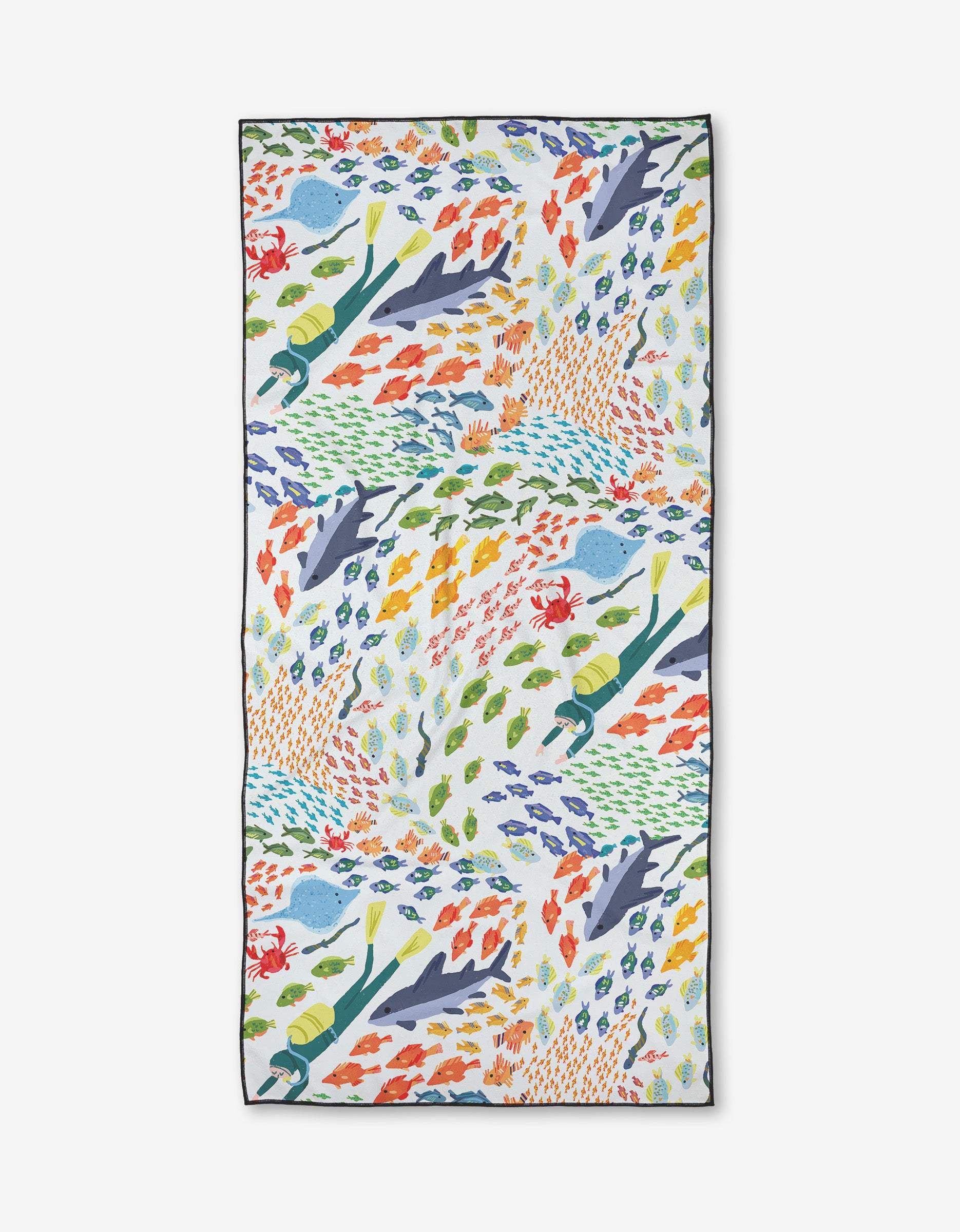 The Deep Sea Encounter towel by Janna Sue Design is a rectangular, quick-drying, eco-friendly beach essential. It showcases colorful divers, sharks, and fish on white, made from recycled materials.