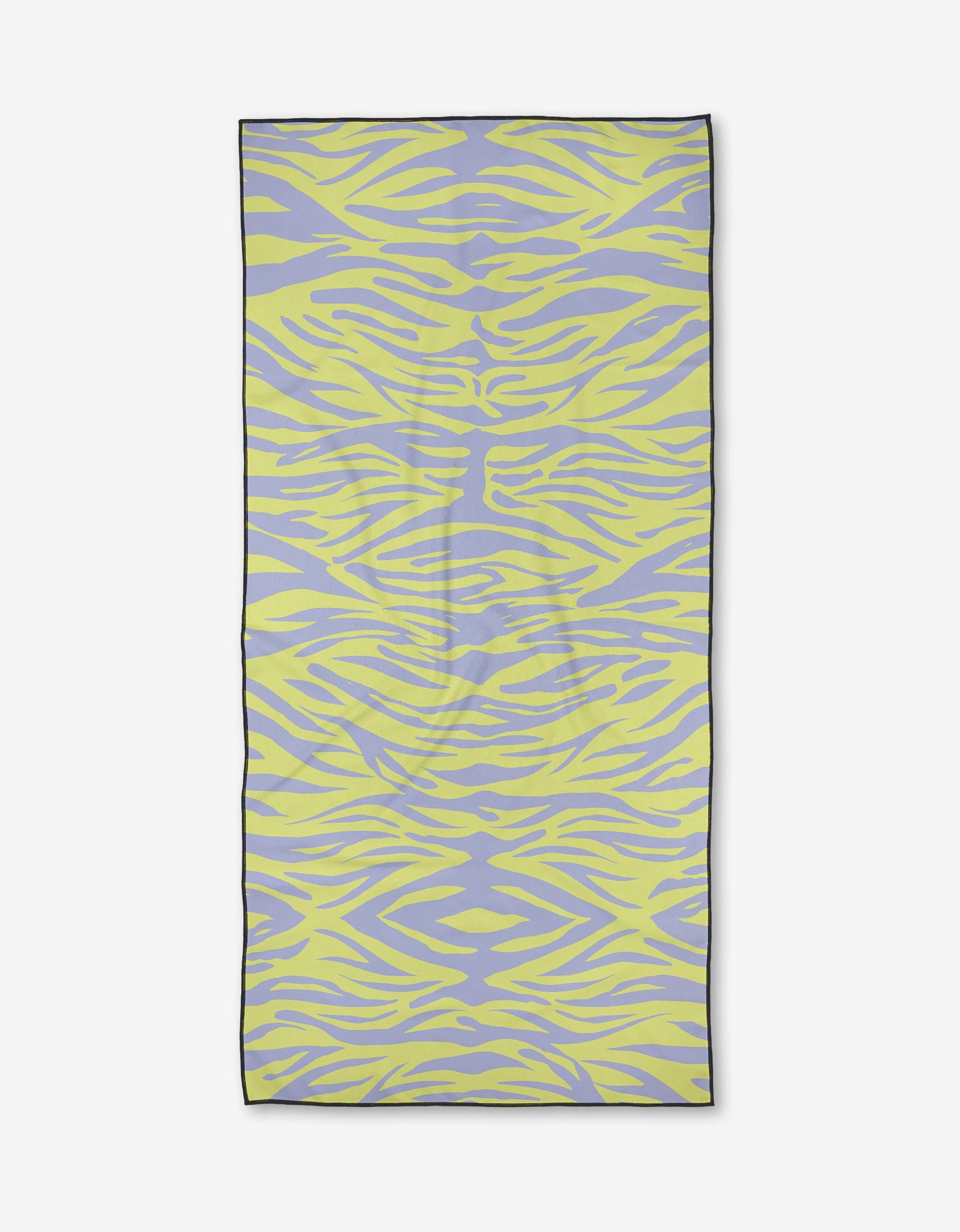 The Electric Tiger by Elisabeth Wing is a rectangular micro-loop beach towel with an abstract wavy zebra print in light yellow and lavender, black-edged, made from recycled materials for quick-drying comfort and eco-friendly style.