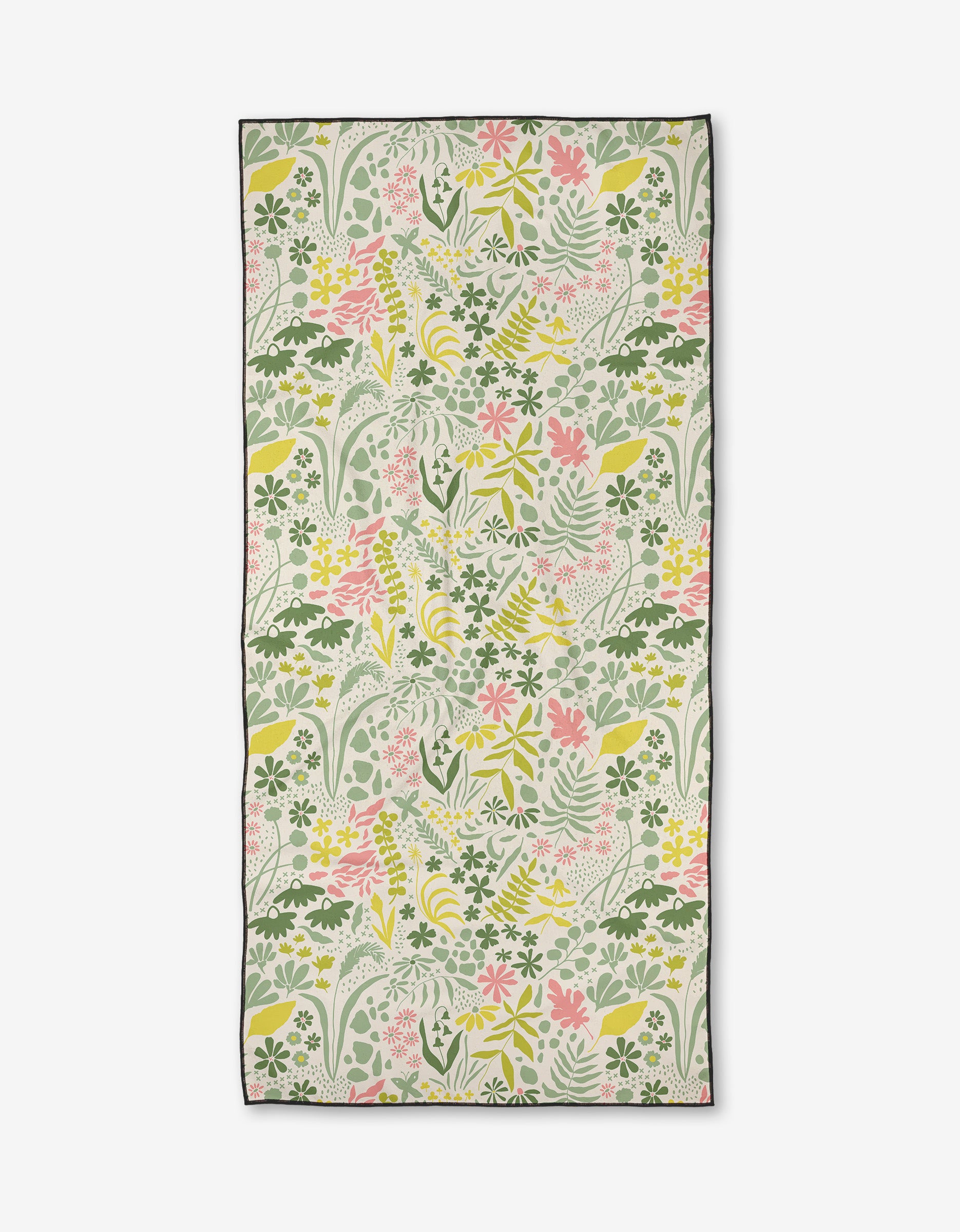 The Kayla Ann Forager towel is a rectangular beach towel with a lively floral pattern in pink, yellow, and green on a light background, edged by a thin dark border. Made from quick-drying recycled materials for eco-friendly comfort.