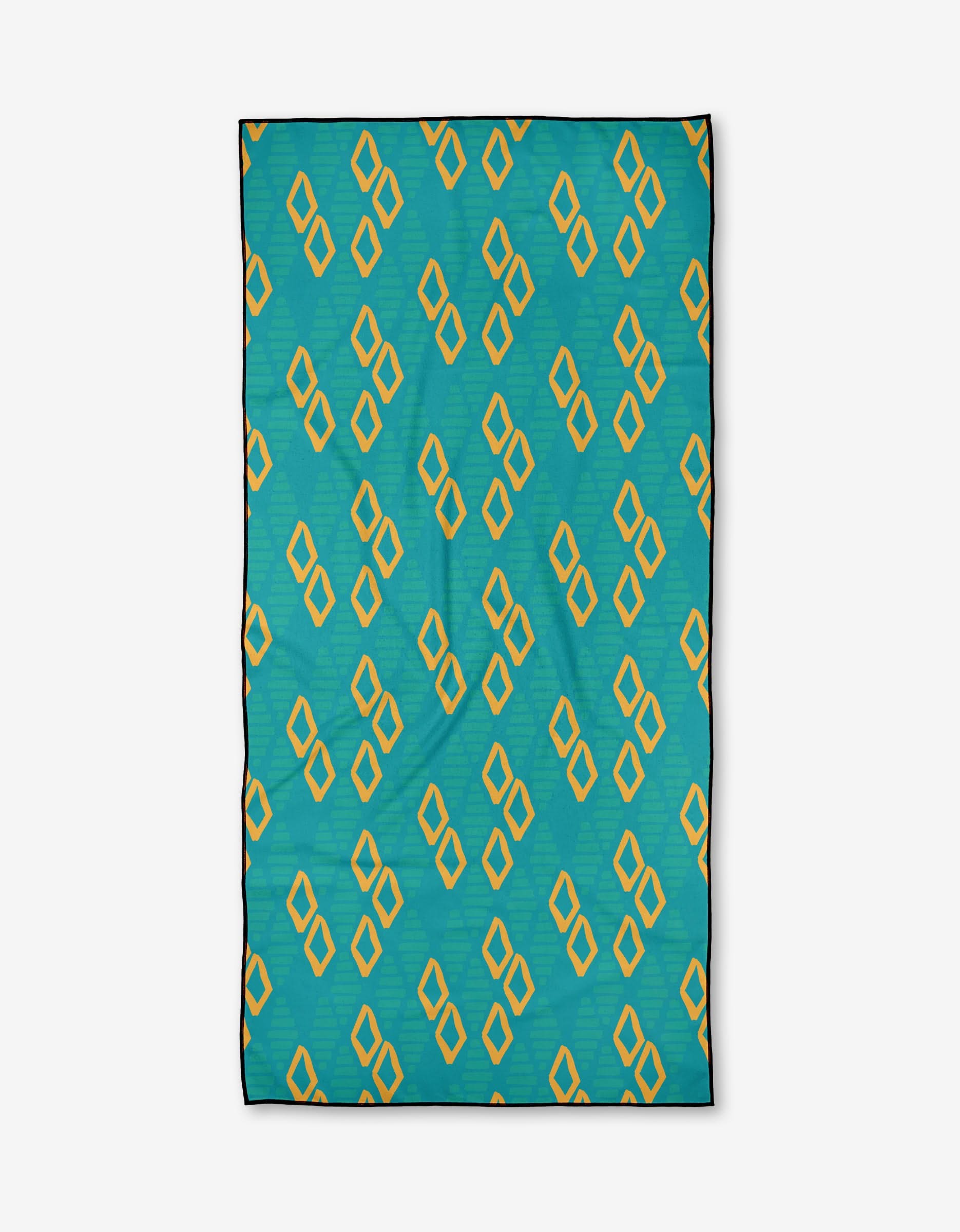 The Sareka Unique Girls Best Friend is a rectangular teal micro-loop beach towel made from recycled materials, featuring evenly spaced yellow diamond shapes outlined in black.