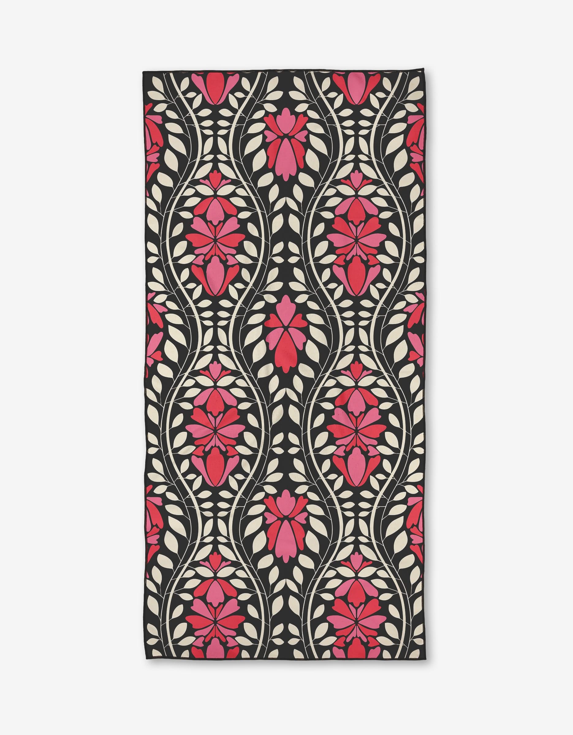 The Glowing Garden Path by Rebecca Woolbright is a rectangular rug with pink flowers and cream leaves in an ornate, symmetrical design on black—crafted from recycled materials for eco-friendly style.