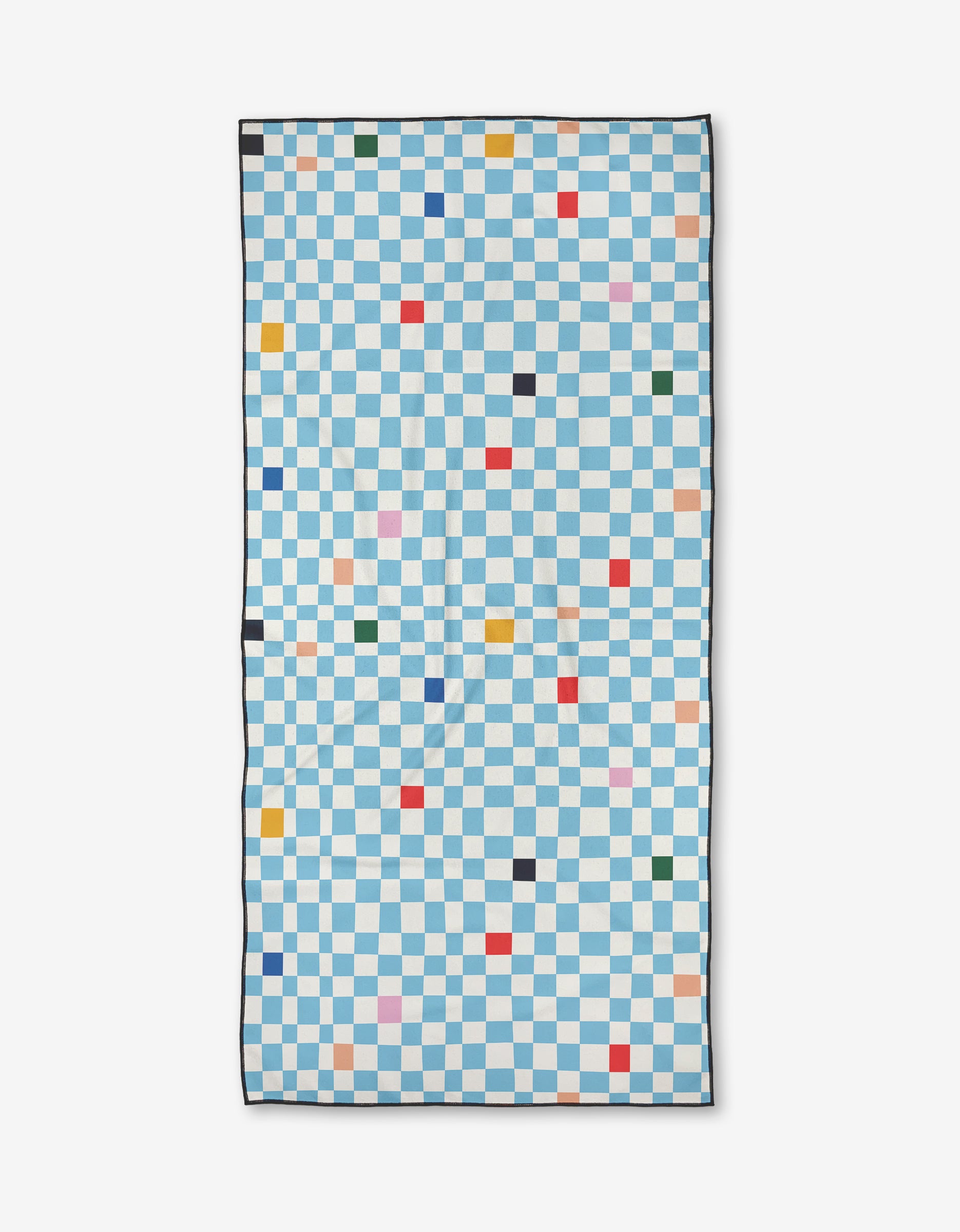The Happy Hemera Happy Check quilt features a blue and white checkerboard pattern with bright red, yellow, pink, and black squares—all crafted from recycled materials on a crisp white background.