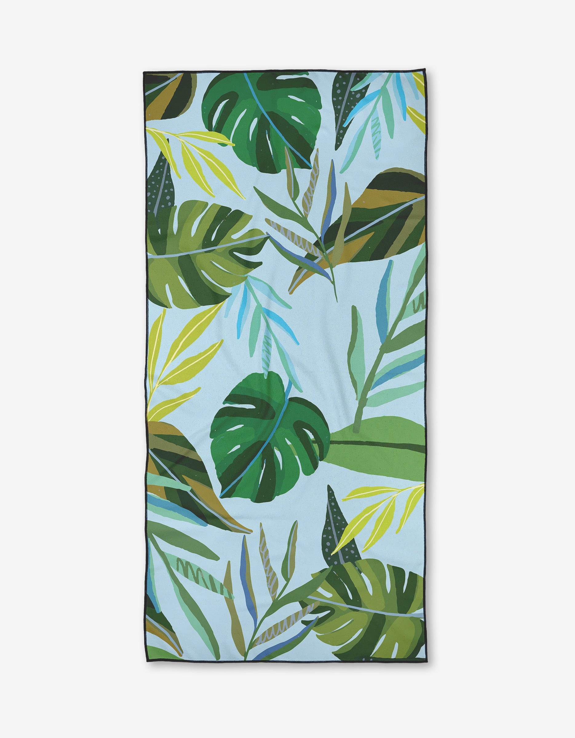The Hidden Island Beach Towel by Janna Sue Design features a vibrant tropical leaf pattern on a light blue background. This rectangular, quick-drying towel is made from recycled materials for eco-friendly style and comfort.