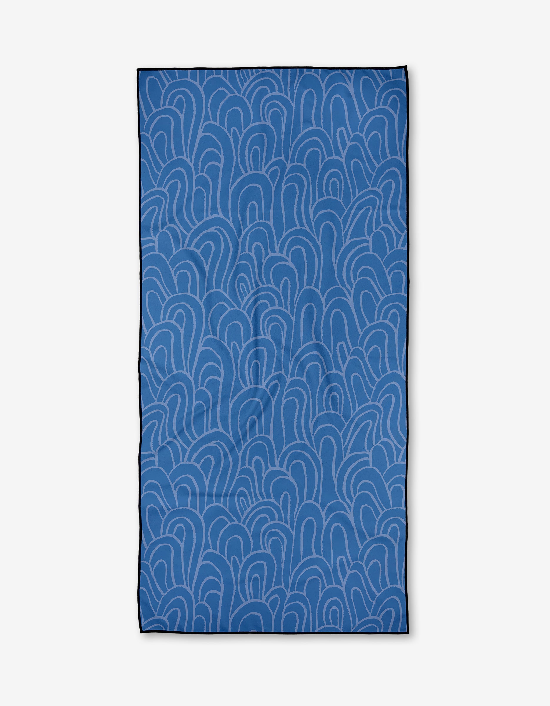 The Sareka Unique High Tide Geometry Micro-loop Beach Towel features a rectangular blue design with light blue, wavy abstract arch patterns on a white background and is crafted from quick-drying fabric for convenience.