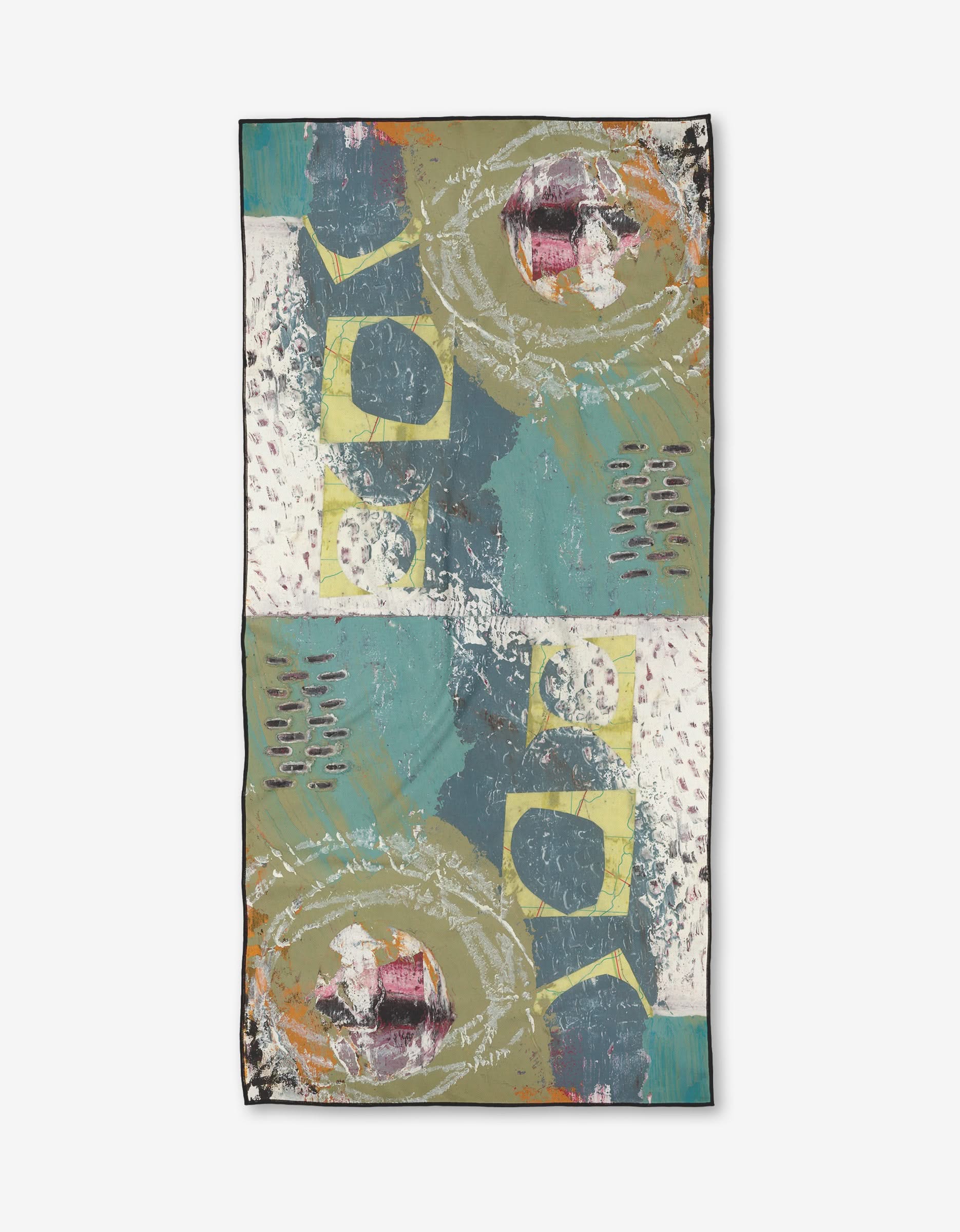 The Its All In a Days Work scarf by Katherine Berkeley features an abstract rectangular design in teal, olive green, and cream with circular shapes, brush strokes, dotted lines, burgundy and yellow accents, mirrored along the center. Made from recycled materials.