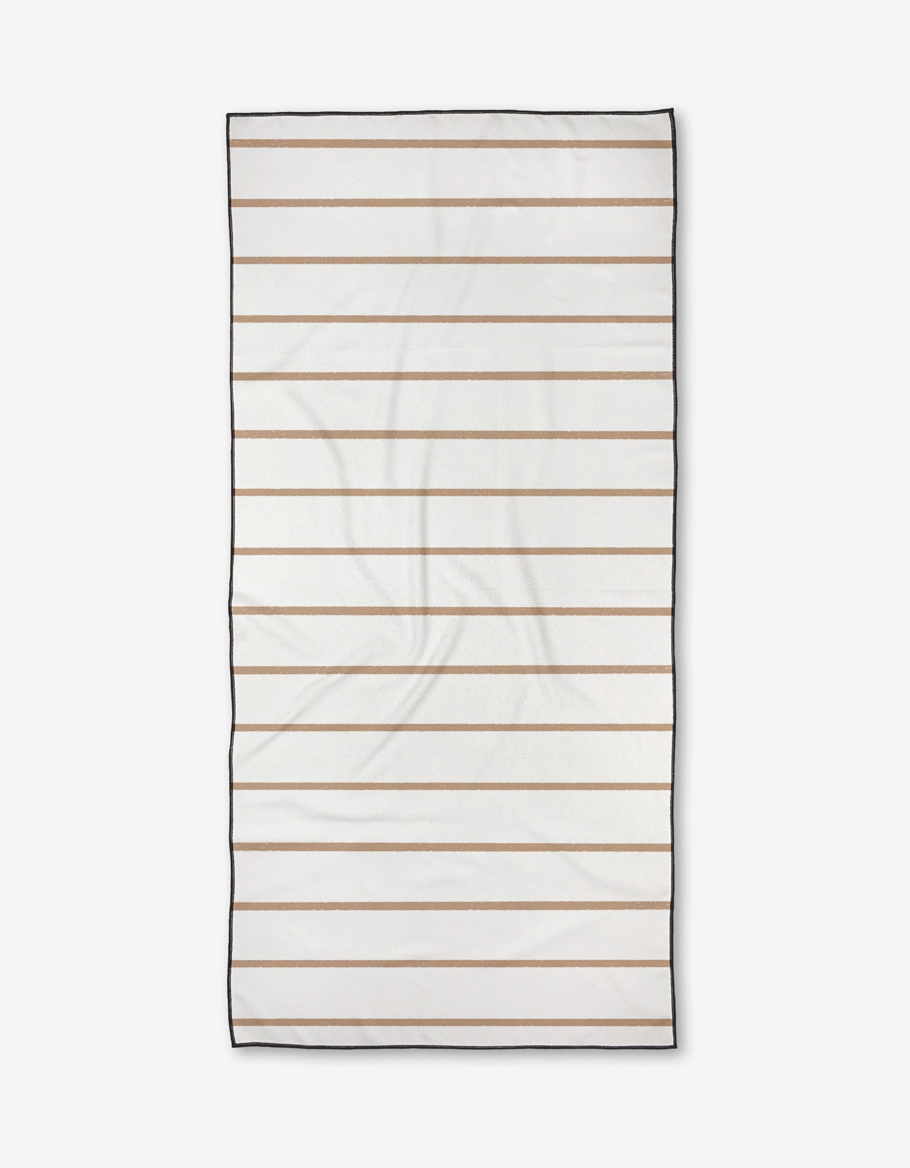 The Kailee Wright Juel towel is a rectangular white beach towel with horizontal beige stripes and a thin black border, laid flat on a white background. Made from quick-drying, post-consumer recycled materials.