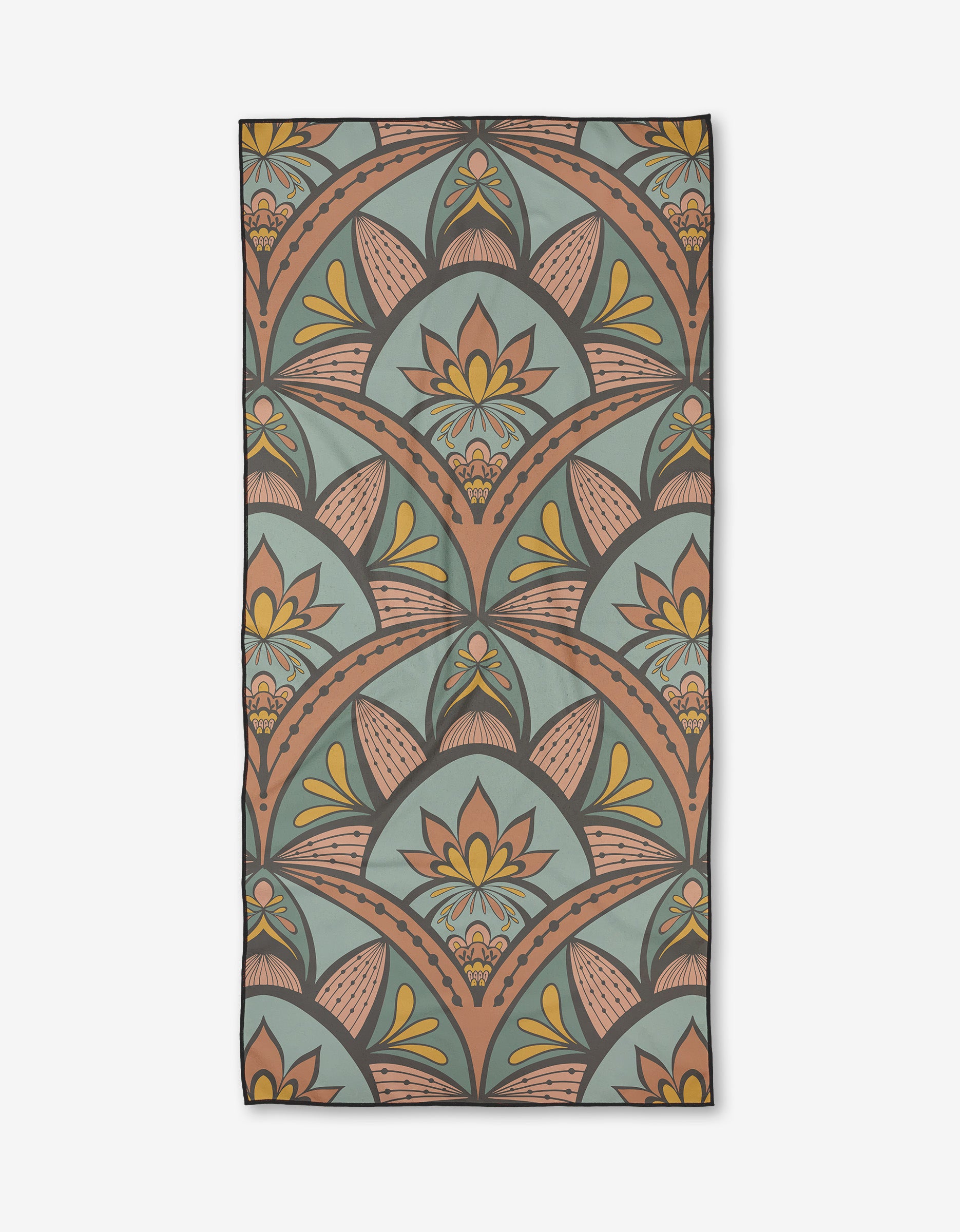 The Jungle Sunrise beach towel by Amita Nair is a rectangular, quick-drying towel with an ornate floral and leaf pattern in muted teal, yellow, orange, and brown on a light background, giving your beach days a vintage art deco flair.