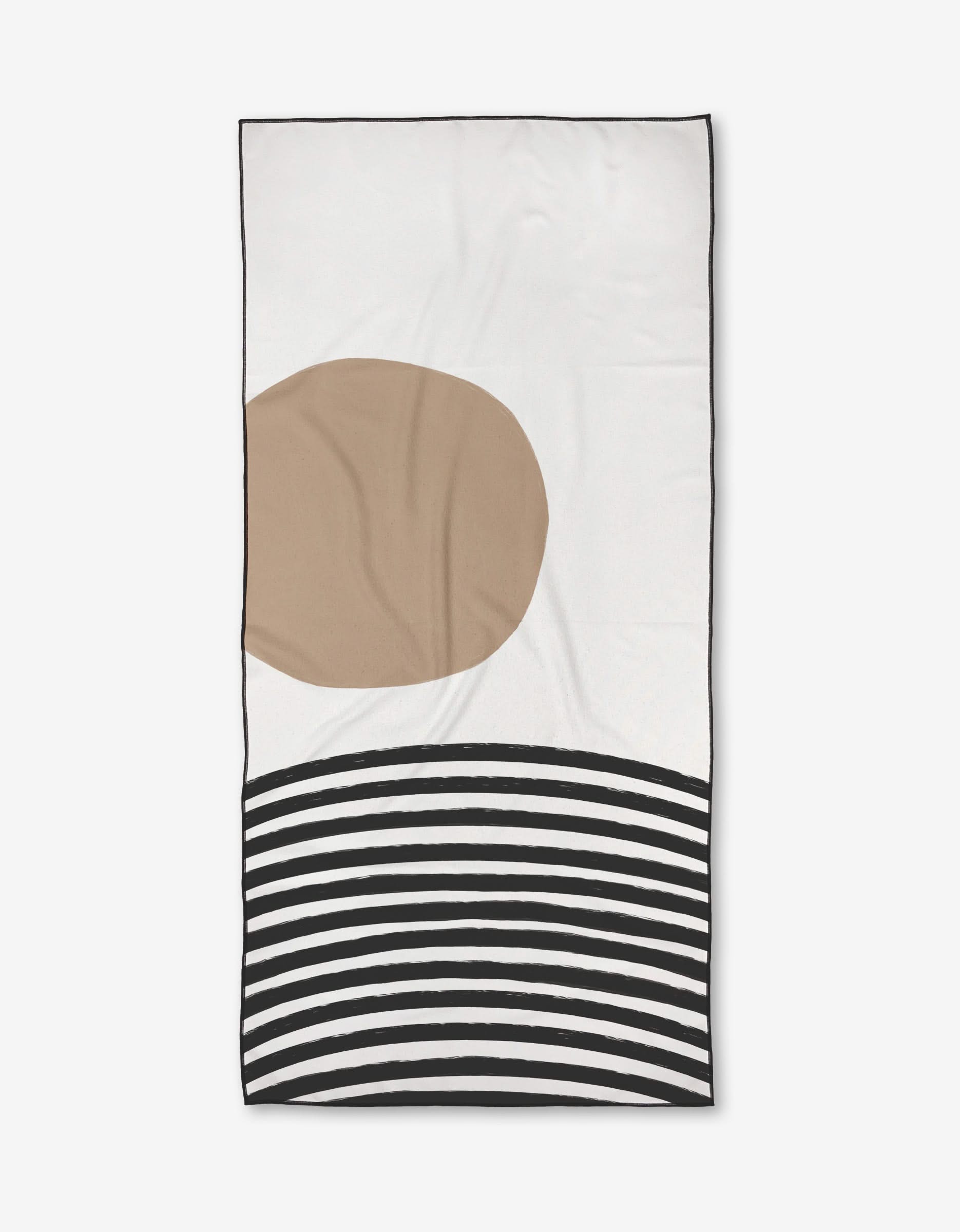 The Kailee Wright Kookoo Beach Towel features a minimalist rectangular design with a large beige circle above black and white curved stripes on white, crafted from post-consumer recycled materials.