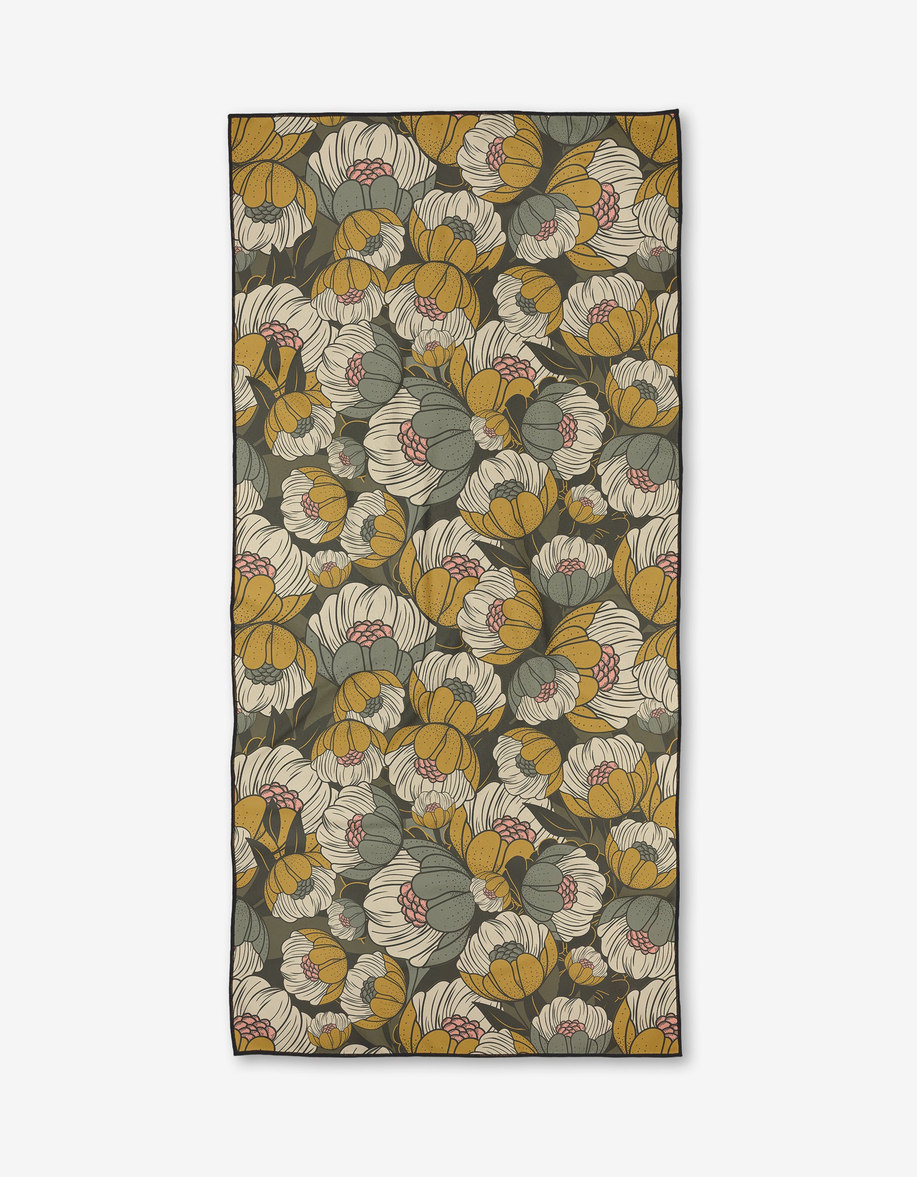 Lakeside Bloom by Ash Cascade is a rectangular quick-drying towel with a bold floral print in yellow, cream, olive green, and muted red on dark. Crafted from recycled materials for eco-friendly style.