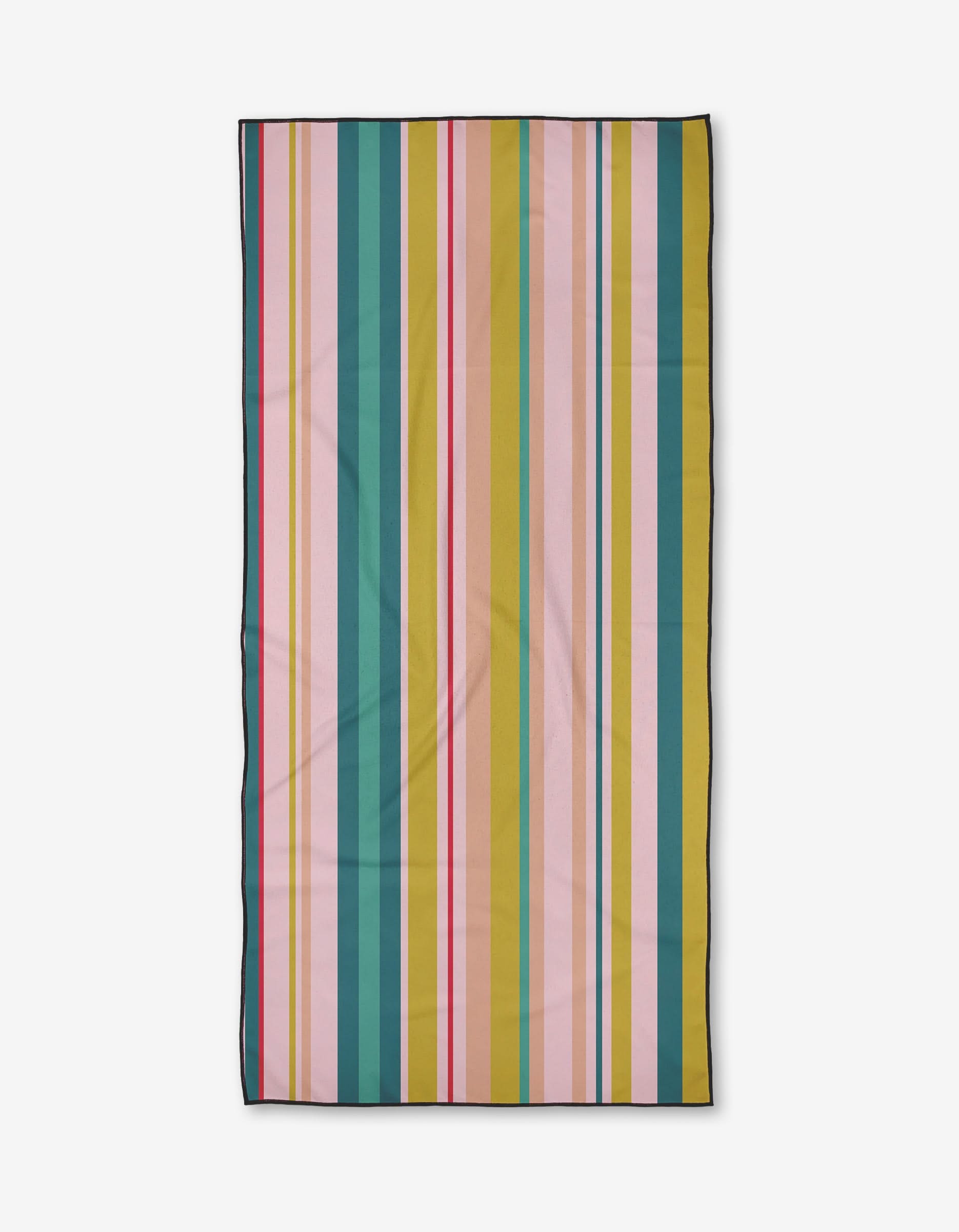The GEOMETRY Line It Up Retro Beach Towel features quick-drying, post-consumer recycled materials and a rectangular design with vibrant vertical stripes in pink, green, blue, yellow, orange, and red on white with a black border.