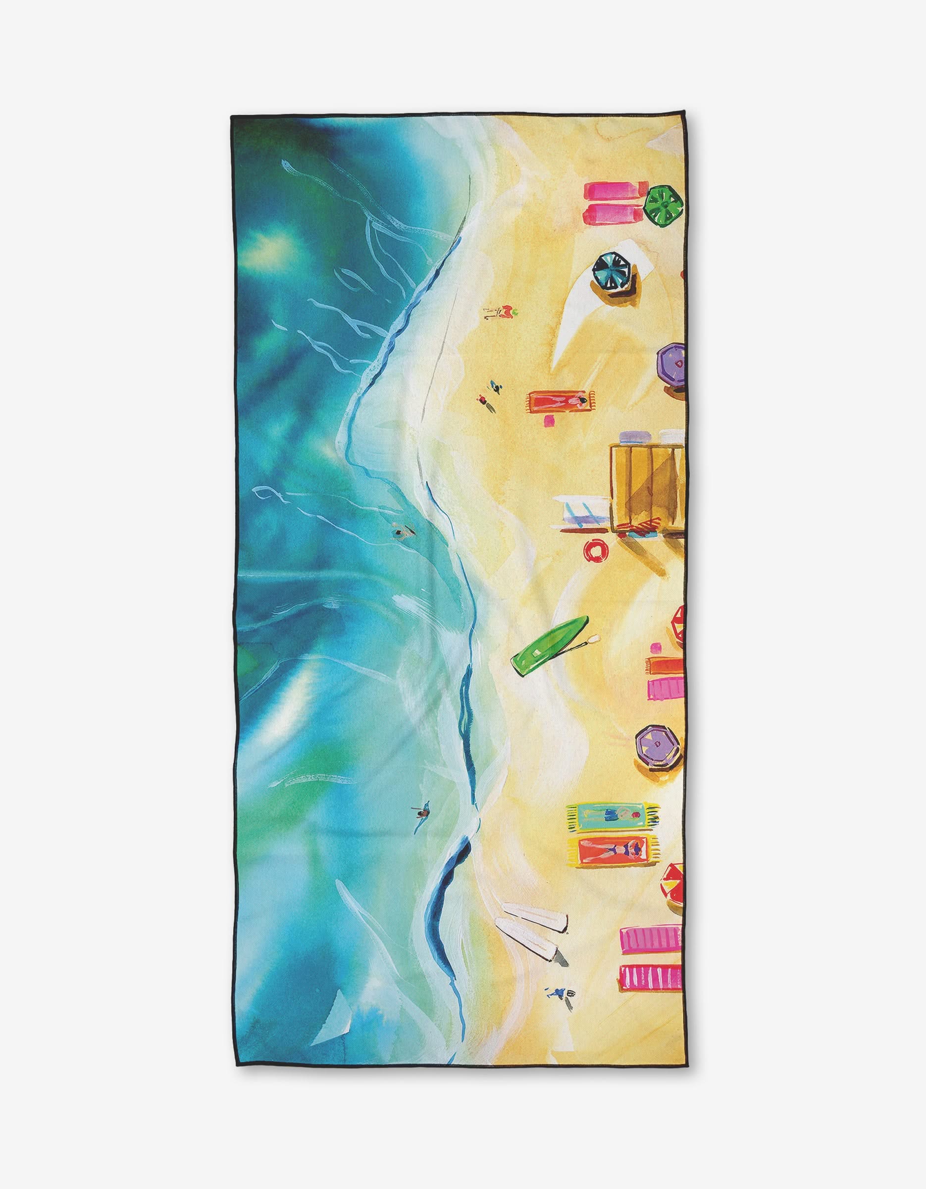 The Meet Me in Santa Monica Micro-loop Beach Towel by Travel Write Draw features an overhead print of a sandy beach, blue water, surfboards, umbrellas, beach chairs, and people relaxing and strolling along the shore.