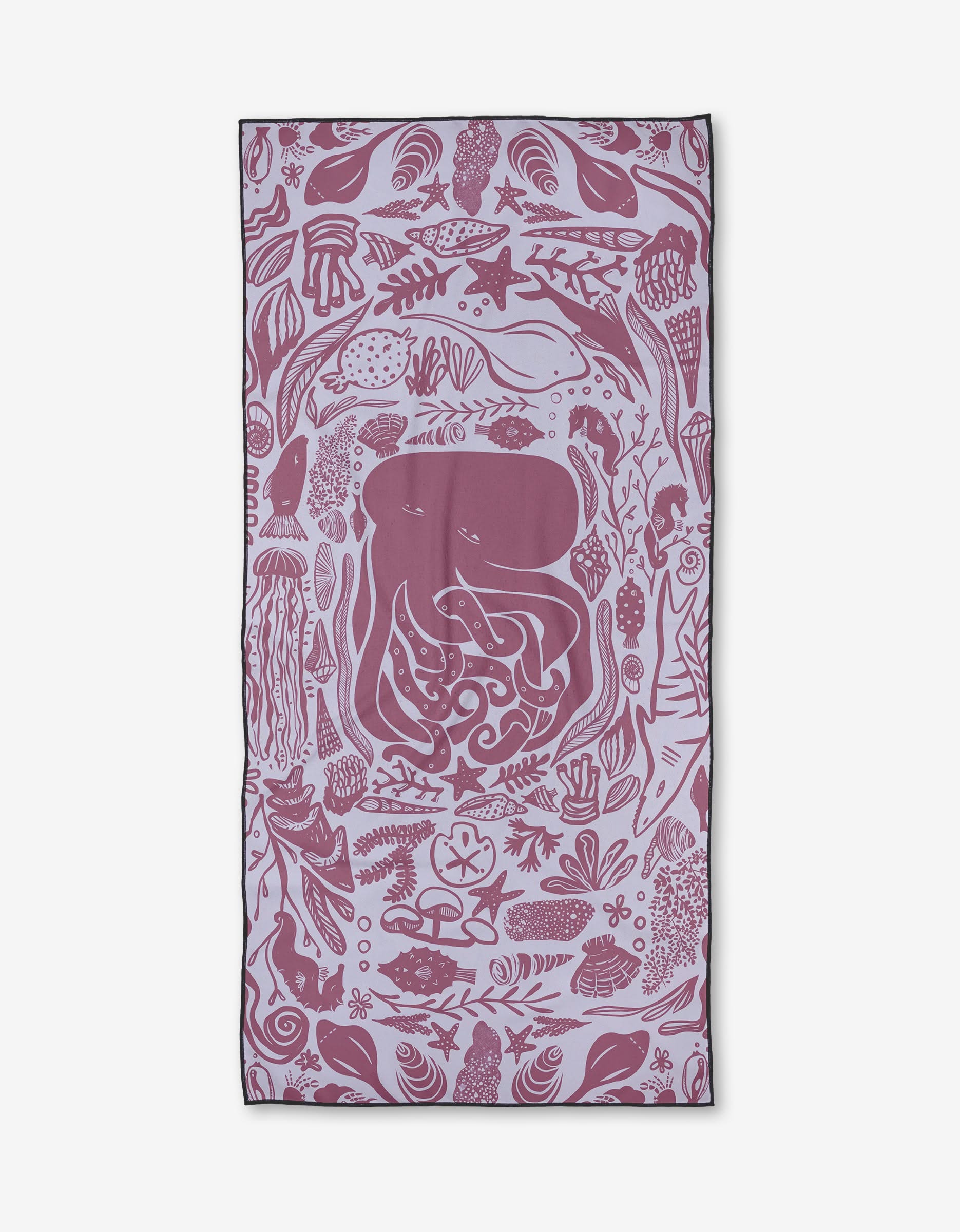 The Elisabeth Wing Octopus Teacher towel is a rectangular, eco-friendly beach towel with a maroon and white underwater-themed design featuring a large illustrated octopus, playful sea creatures, and corals. Made from recycled materials.