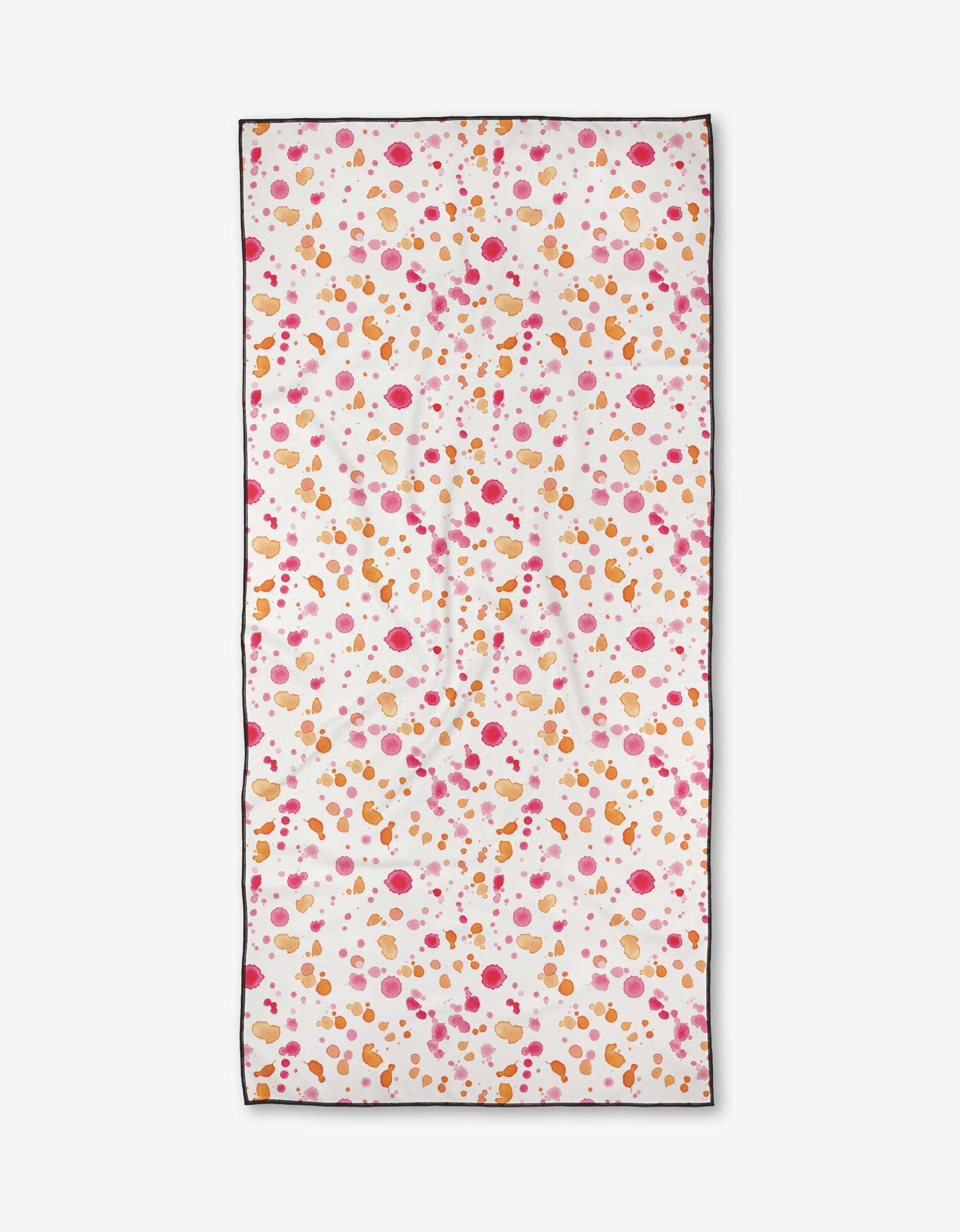The Elena Fay Paint Splatter Micro-loop Beach Towel features a rectangular design with scattered pink, orange, and red dots and splatters, bordered by a thin black outline and shown on a plain white background.